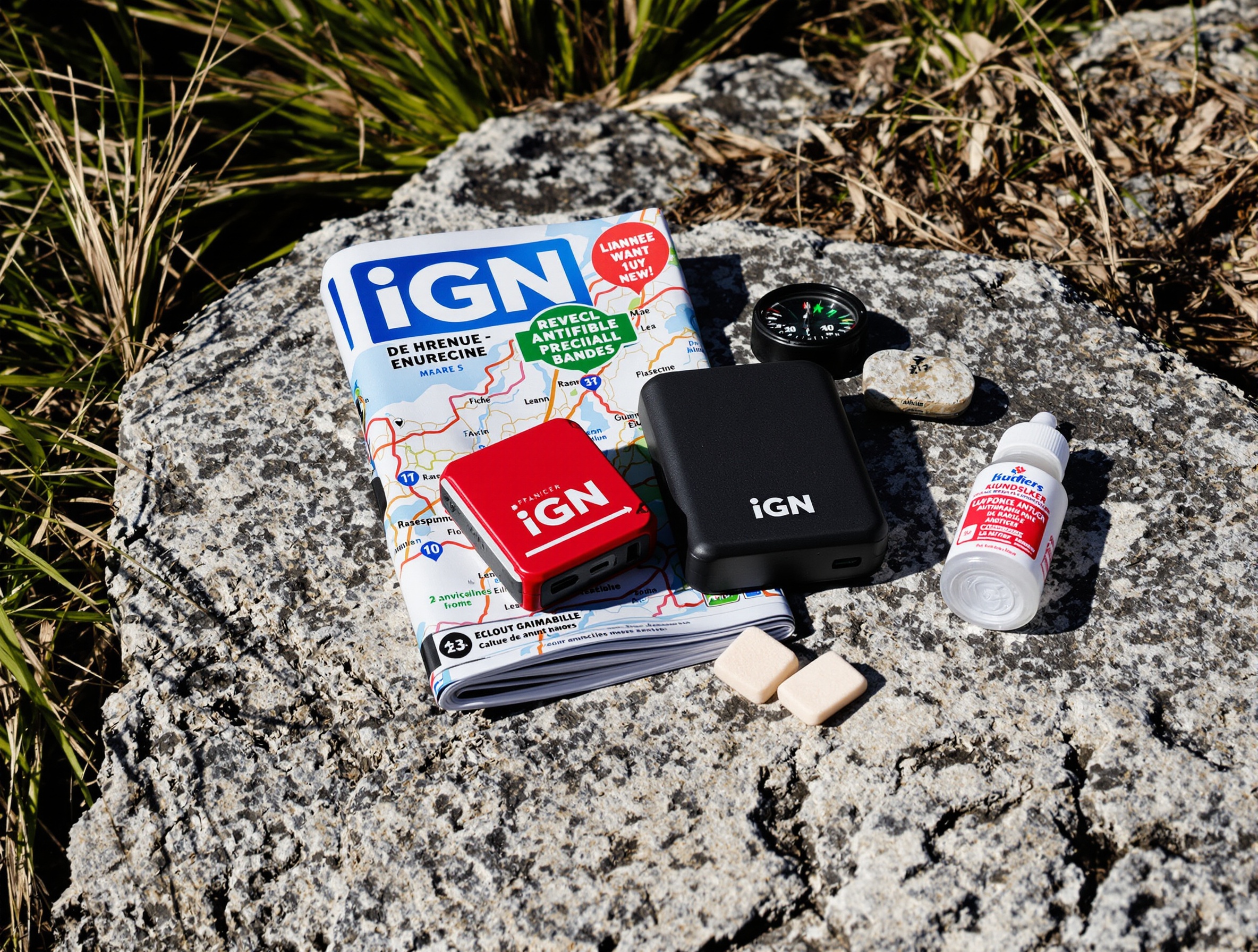 Accessoires rando utiles : carte IGN pliée, boussole rouge, powerbank noir mat et kit secours sur pierre brute corse
