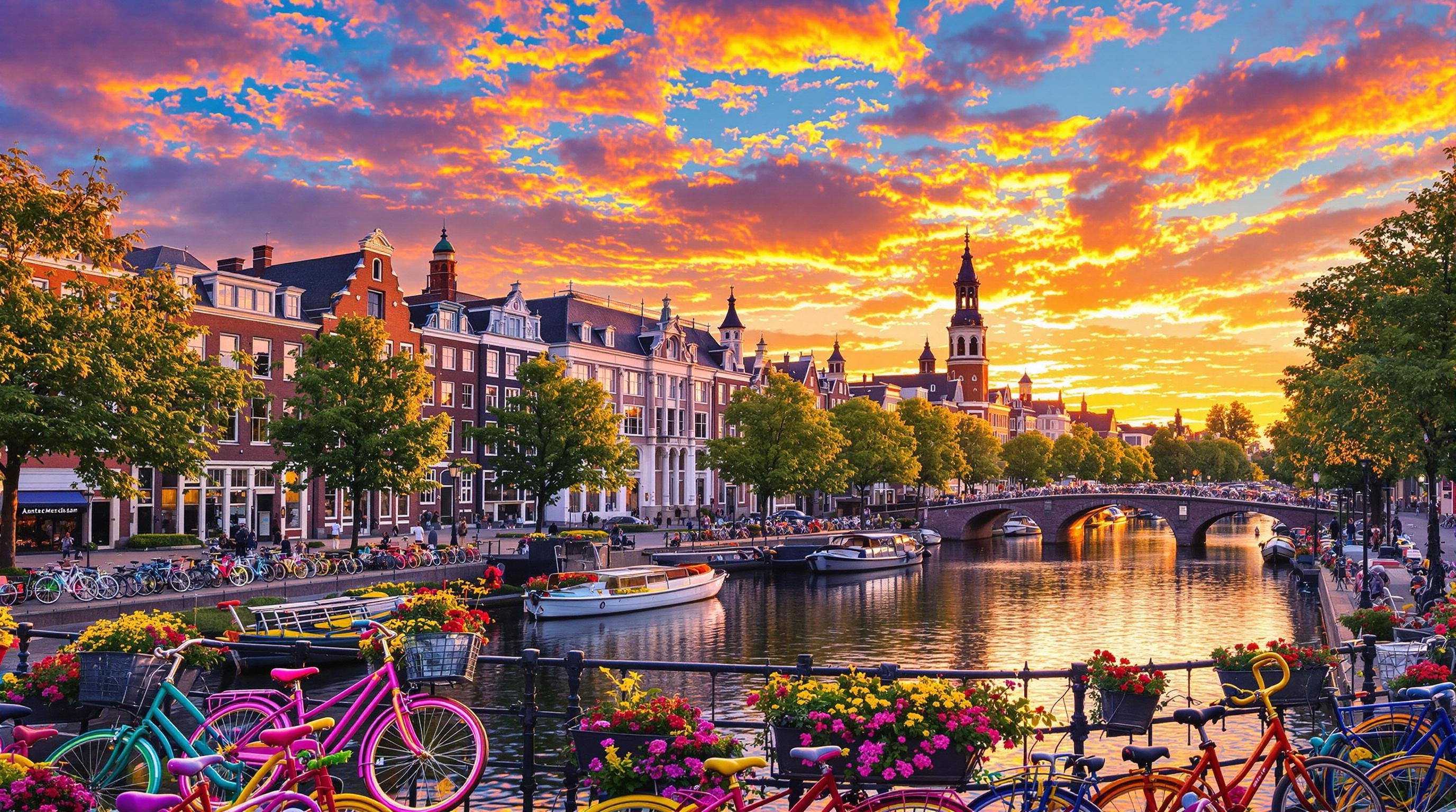 Canaux d'Amsterdam au lever du soleil, paysage urbain vibrant