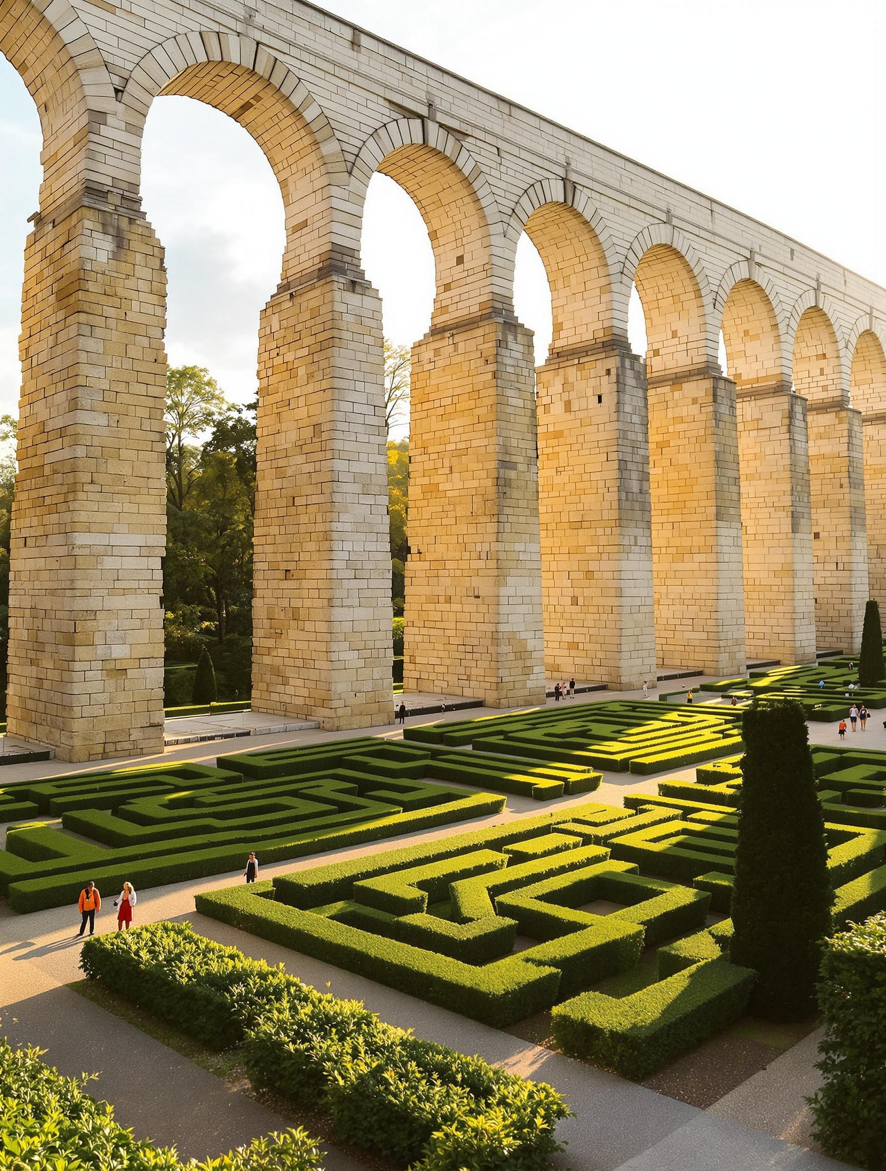 Aqueduc inachevé du Château de Maintenon, arches monumentales au coucher du soleil.