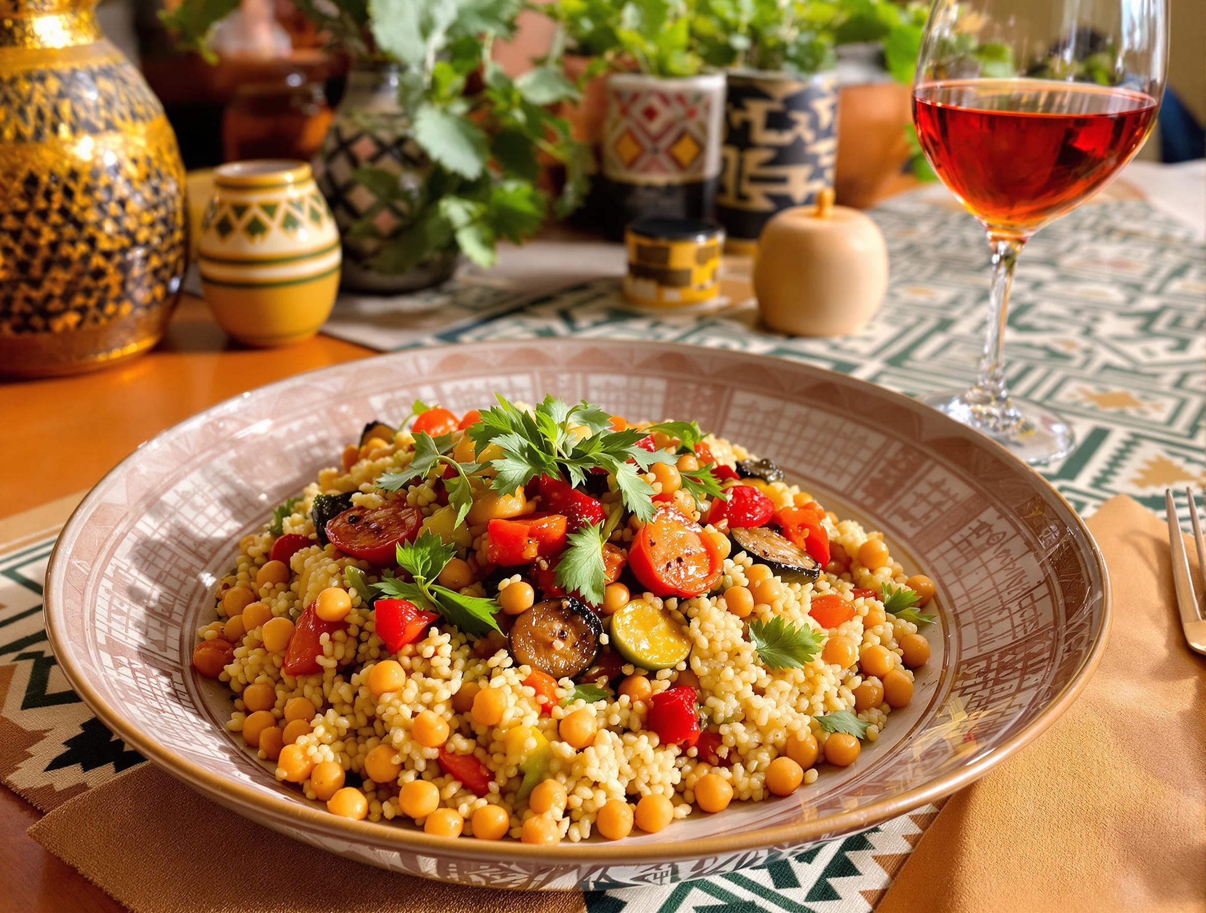 Assiette couscous vegan légumes Marrakech healthy moderne.