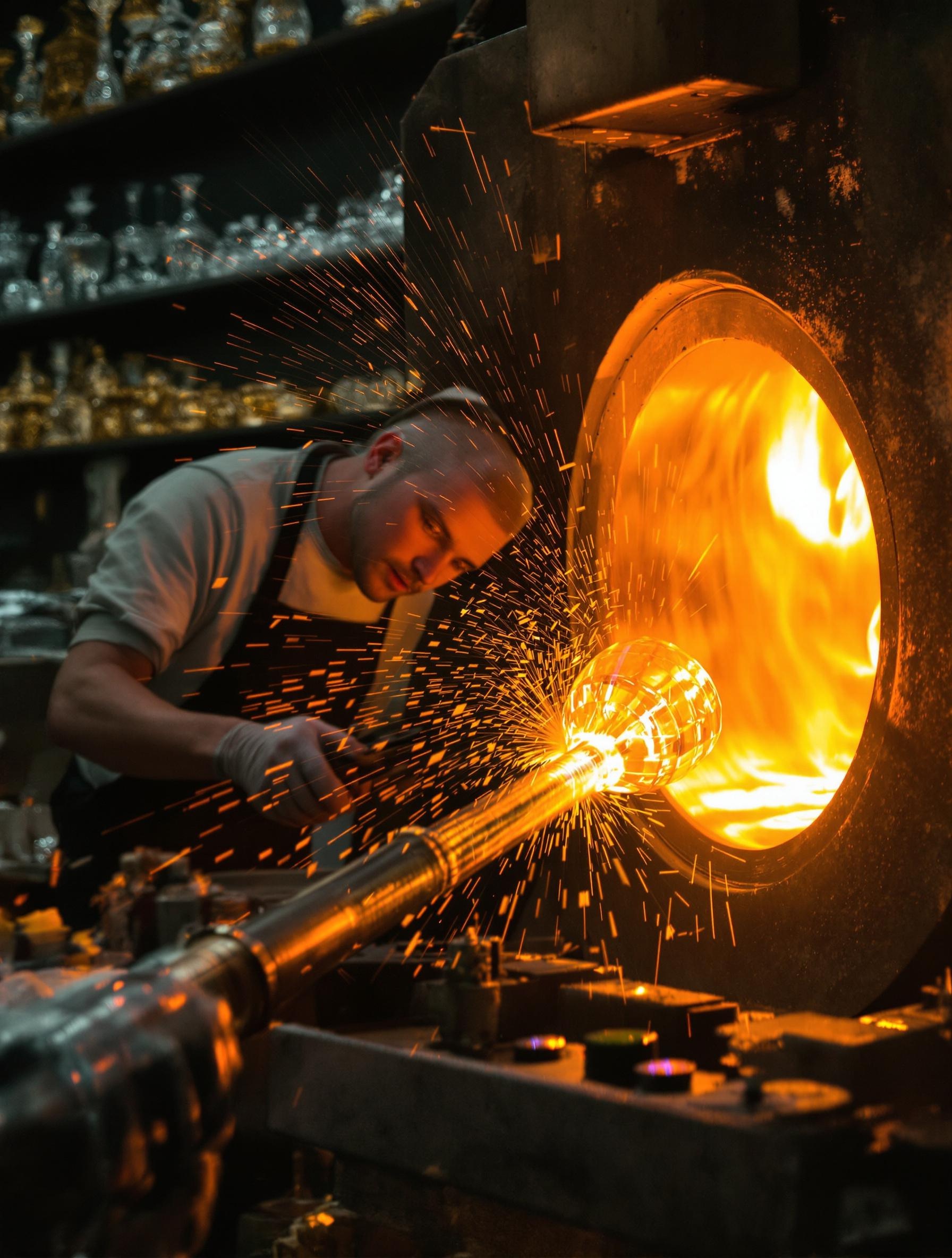 Atelier soufflage à la cristallerie Baccarat, artisan à l’œuvre sur une pièce en formation