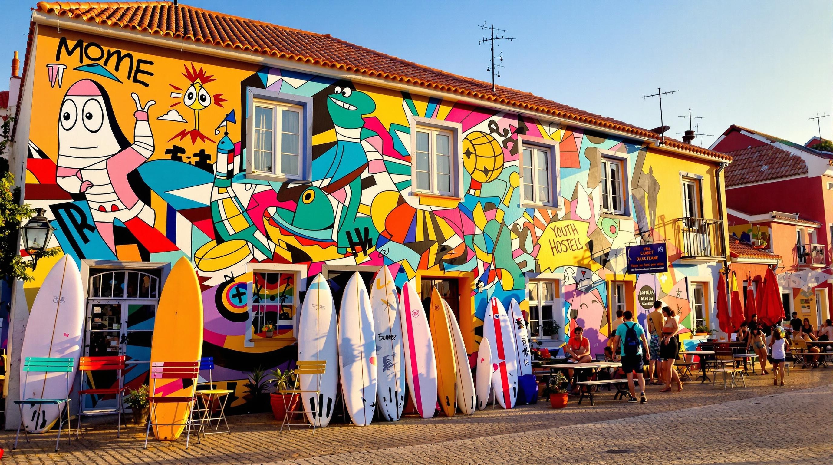 auberge de jeunesse colorée en Algarve, ambiance backpacker, muraux street art, surfboards posés devant