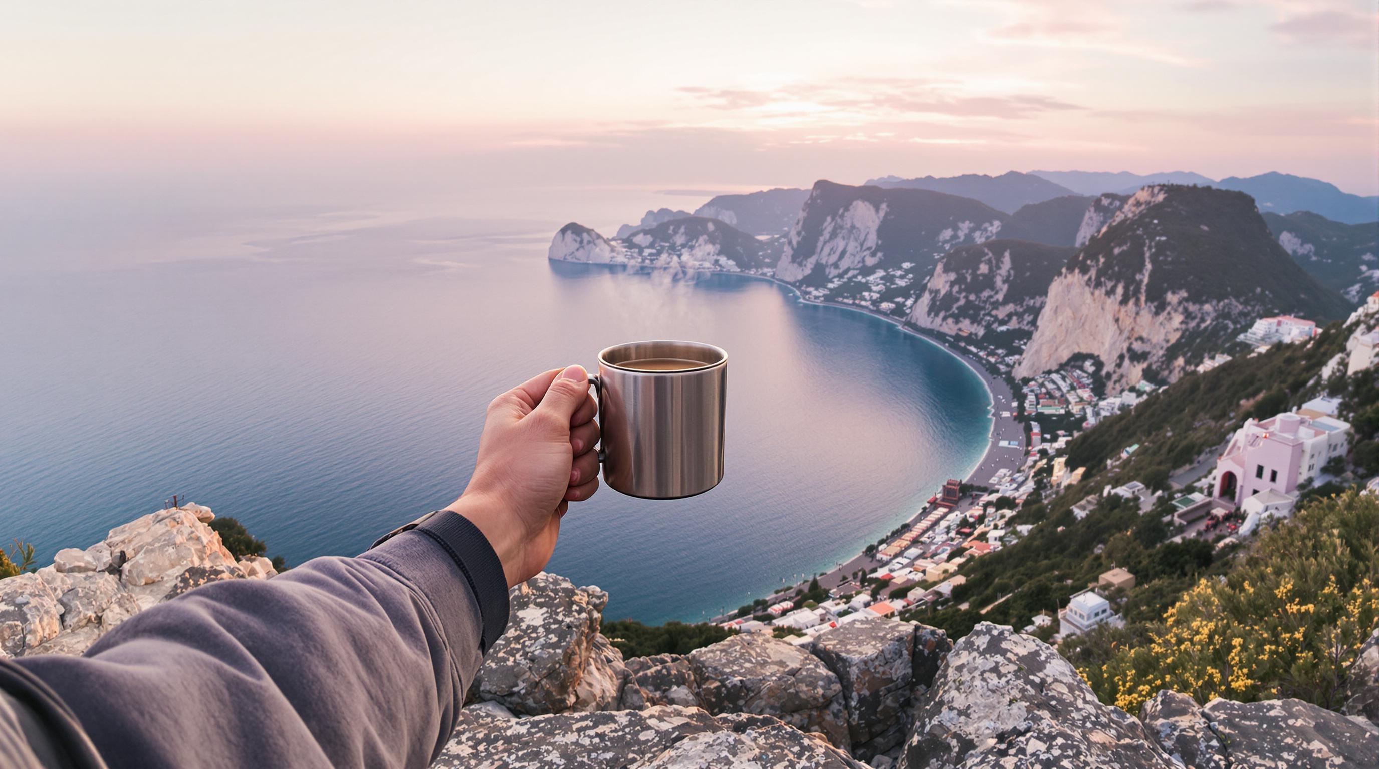 Backpacker lève un mug de café devant une vue panoramique à 360° sur Anacapri et le Golfe de Marina Grande, ambiance lever de soleil crowd-free, couleurs pastels.