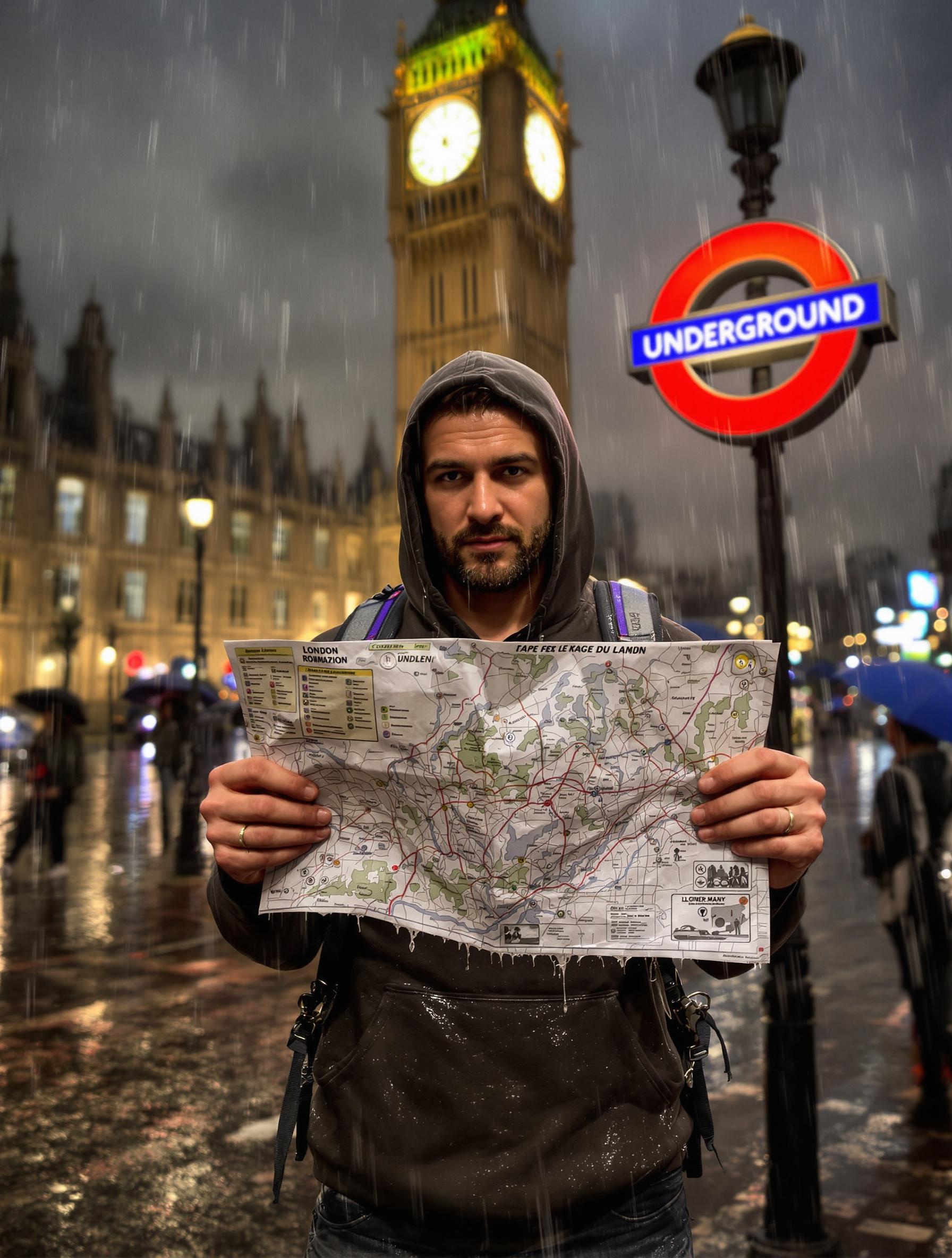 Voyageur découvrant que son plan papier n’aime pas la pluie londonienne