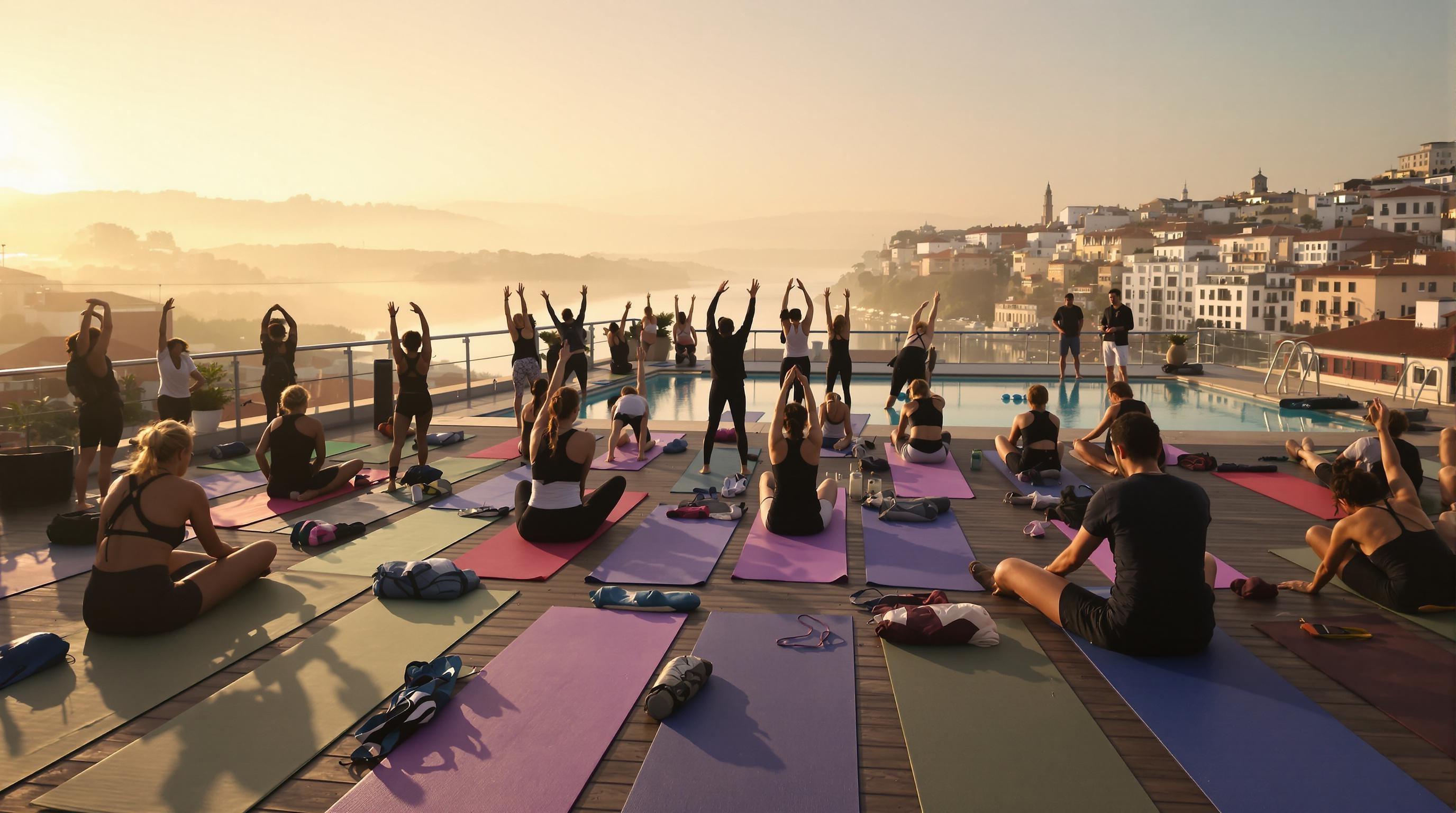 Session de yoga au lever du soleil sur le rooftop pool du Sunset Destination Hostel, Lisbonne.