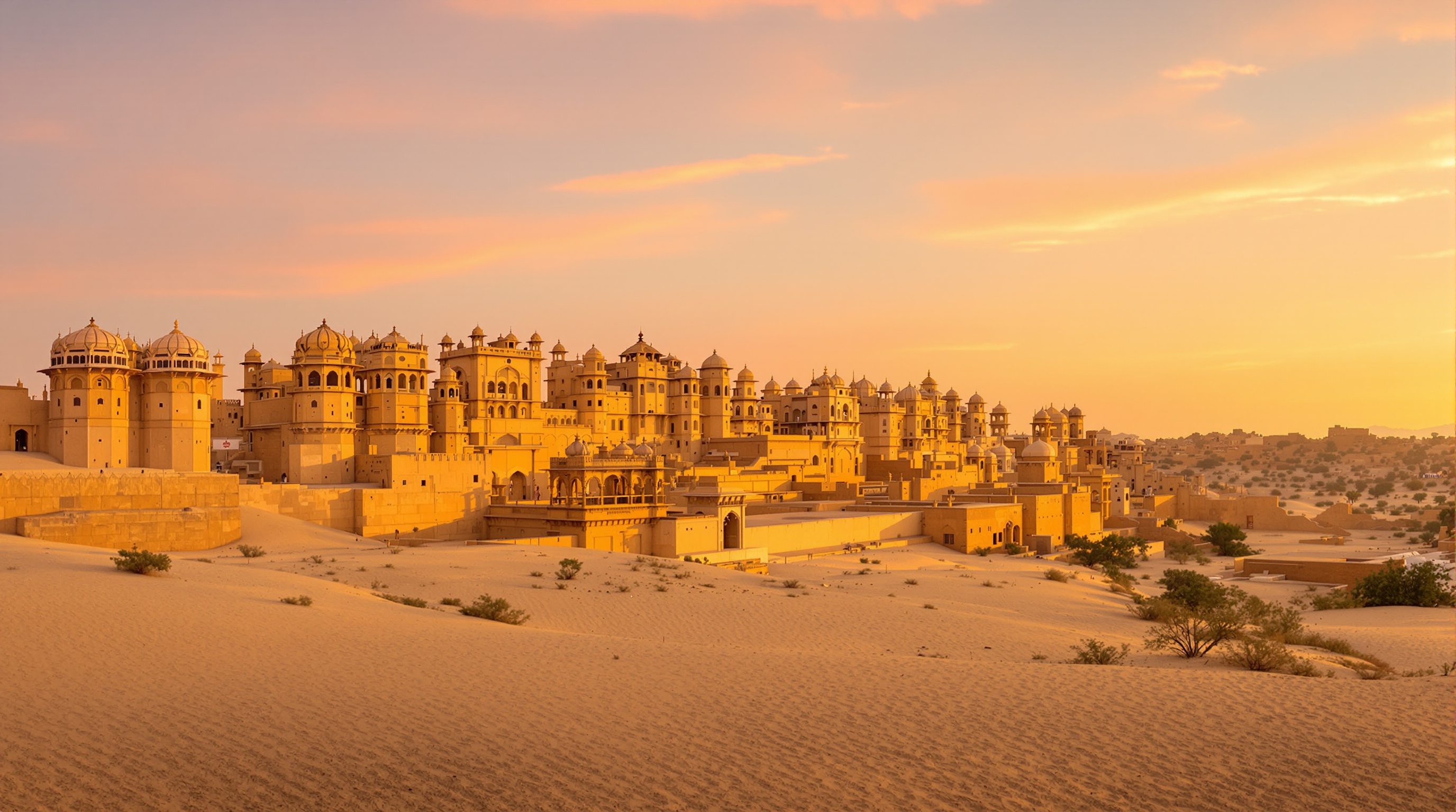 Panorama de Bada Bagh et ses chhatris dorés au coucher du soleil