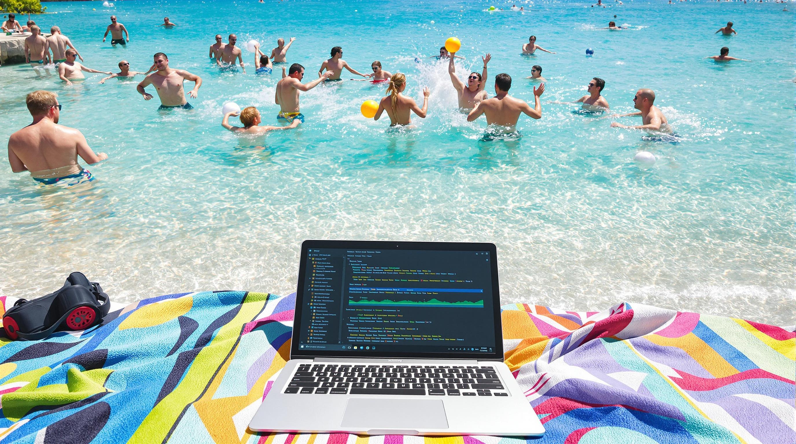 Baignade à Kolovare avec une eau turquoise, des locaux jouant au picigin et un laptop posé sur une serviette #digitalnomad.