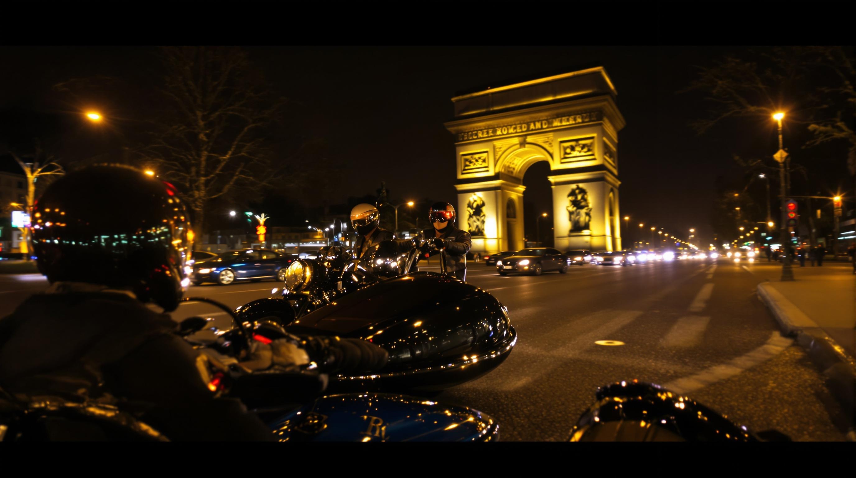 Side-car vintage Paris nuit Invalides Arc Triomphe casque rétro lumière monument