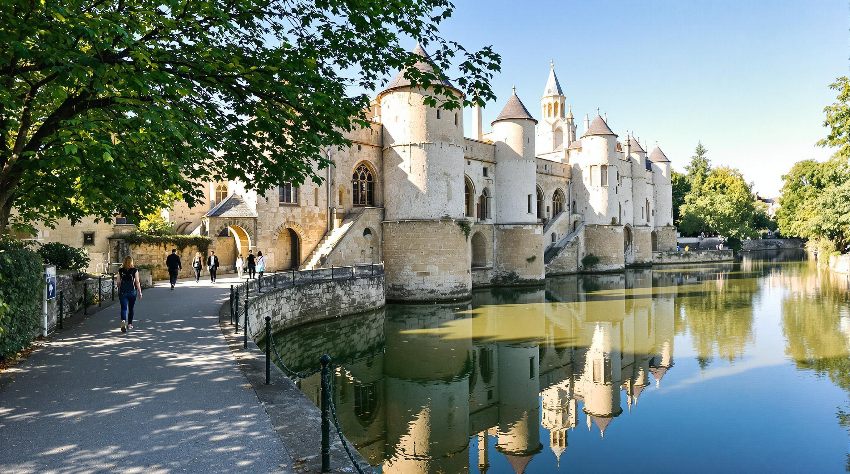 Balade piétonne sur les bords de l’Eure à Chartres avec moulins anciens et eau calme.