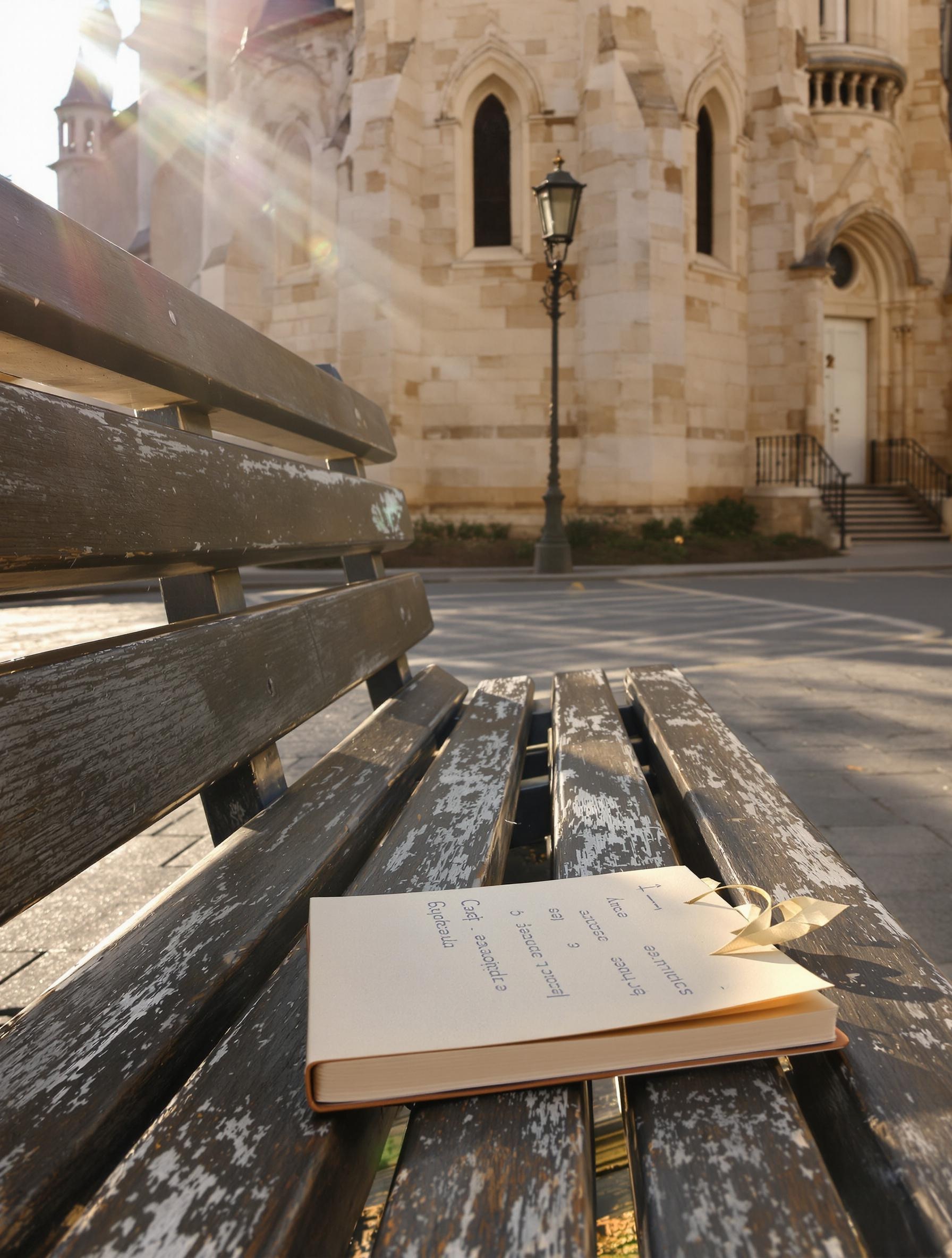 Banc en pierre sur le parvis d’une église parisienne au lever du soleil