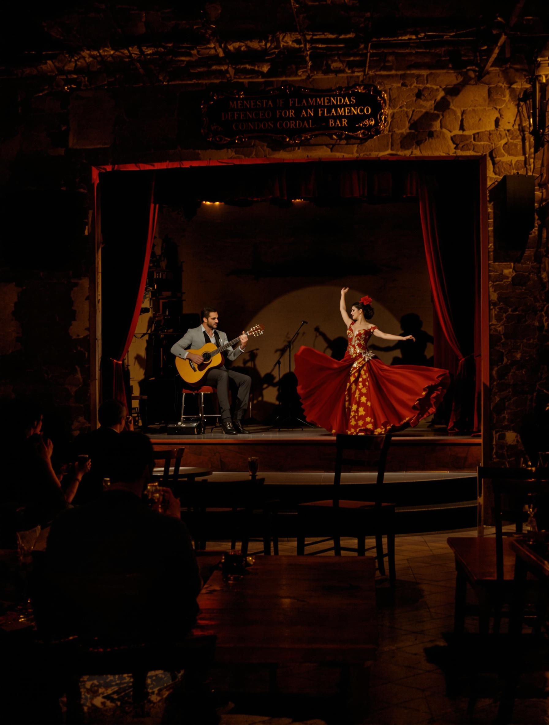 Bar flamenco typique à Cordoue avec scène modeste et public local.
