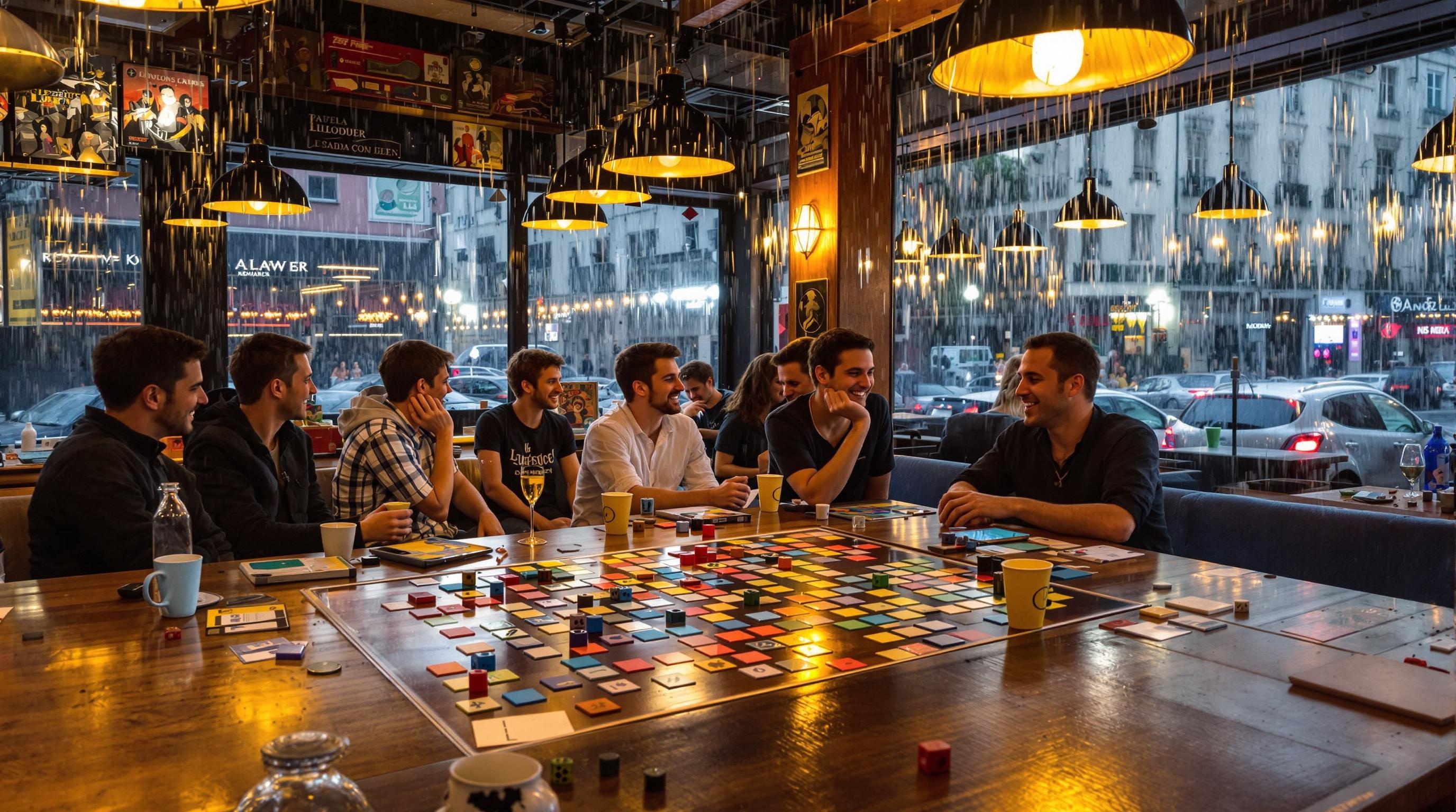 Intérieur bar à jeux Lyon tables bois jeunes rient pluie visible fenêtre.