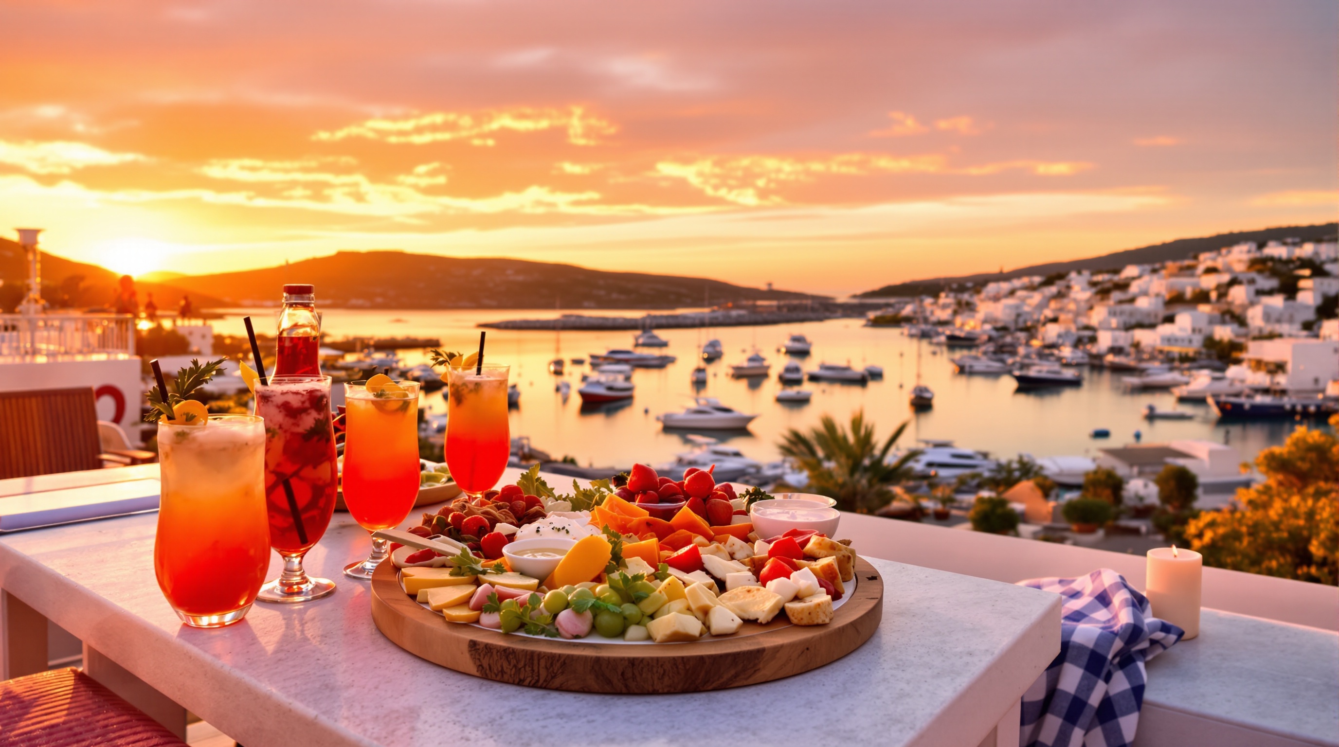 Bar terrasse avec vue sunset sur Fiskardo et cocktails.