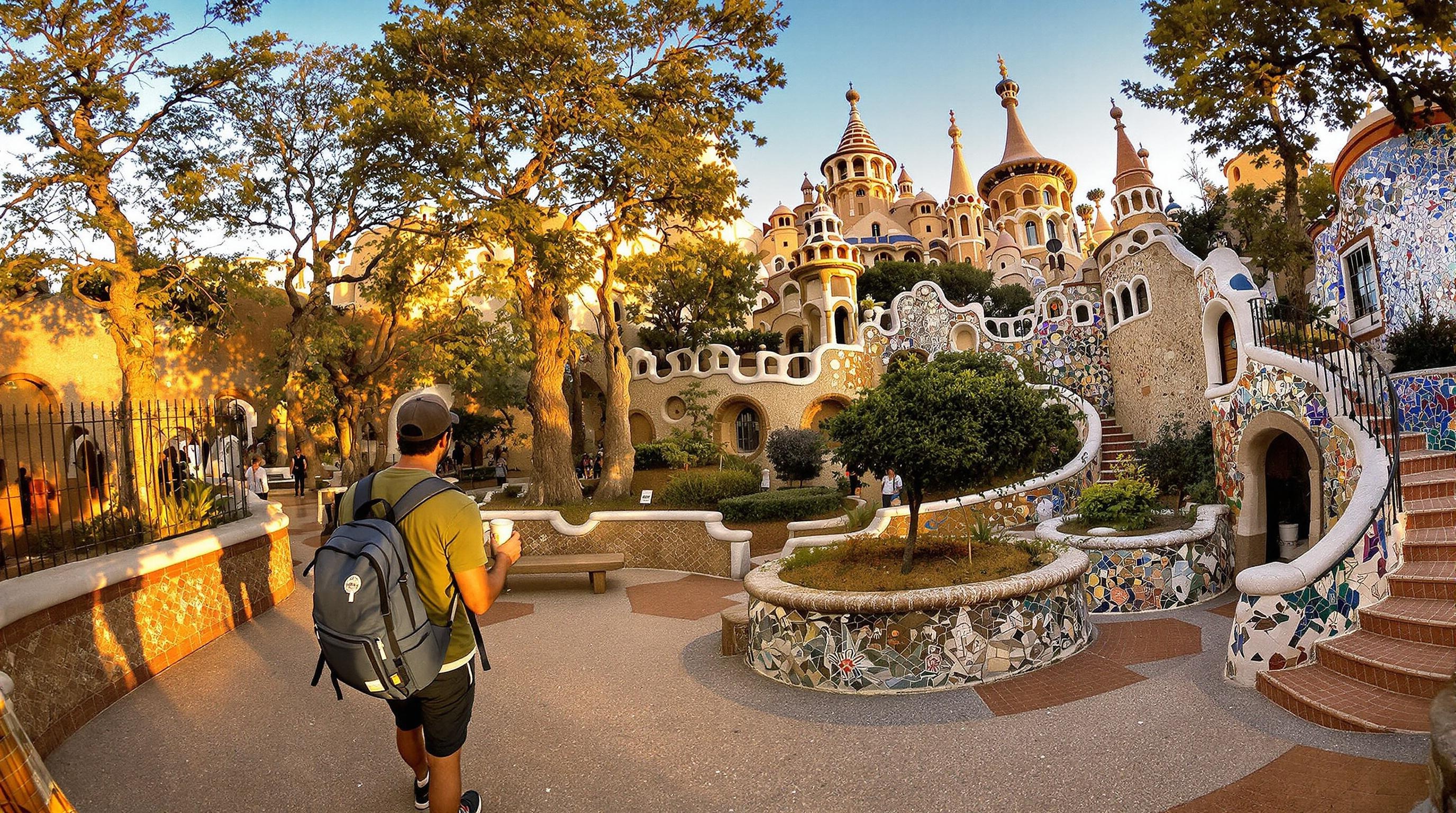 Visiteur solo à l’aube au Parc Güell, mosaïques dorées, porte latérale déserte