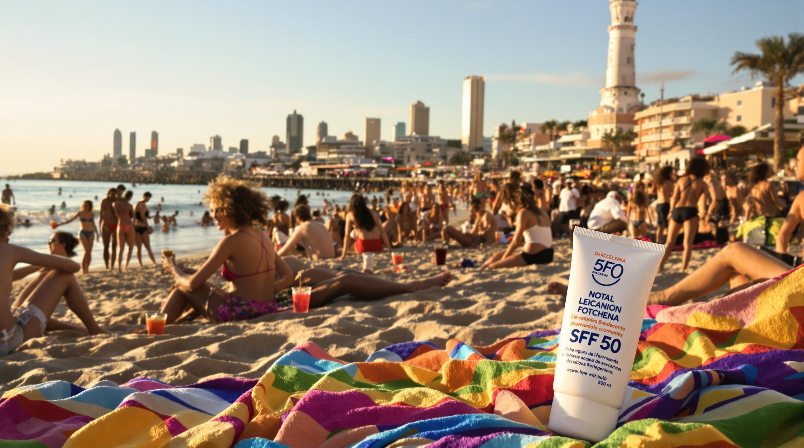 Plage Barceloneta ambiance sunset, groupes détendus et tube solaire SPF50 visible sur serviette