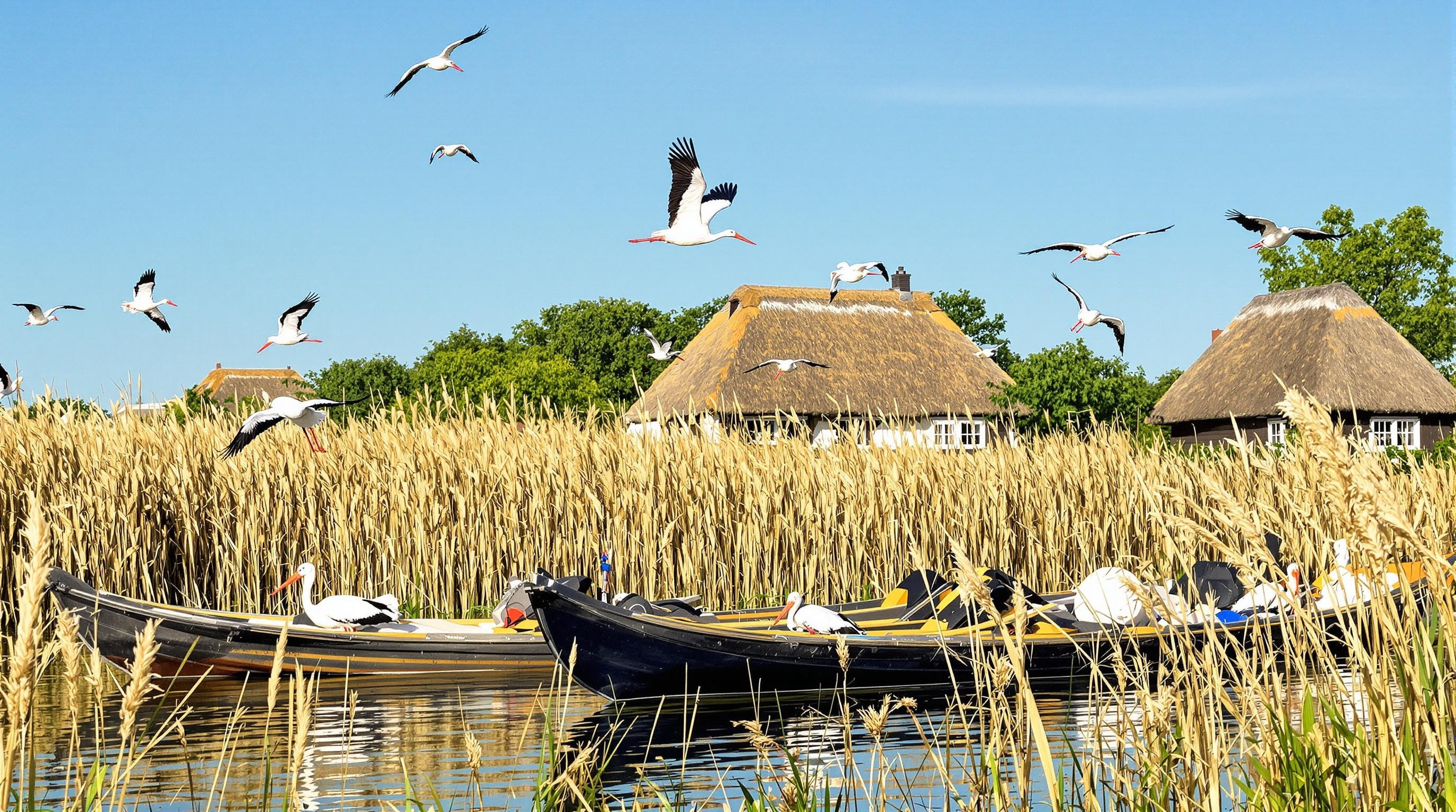 Barques traditionnelles à fond plat dans la Brière, chaumières et cigognes en été.