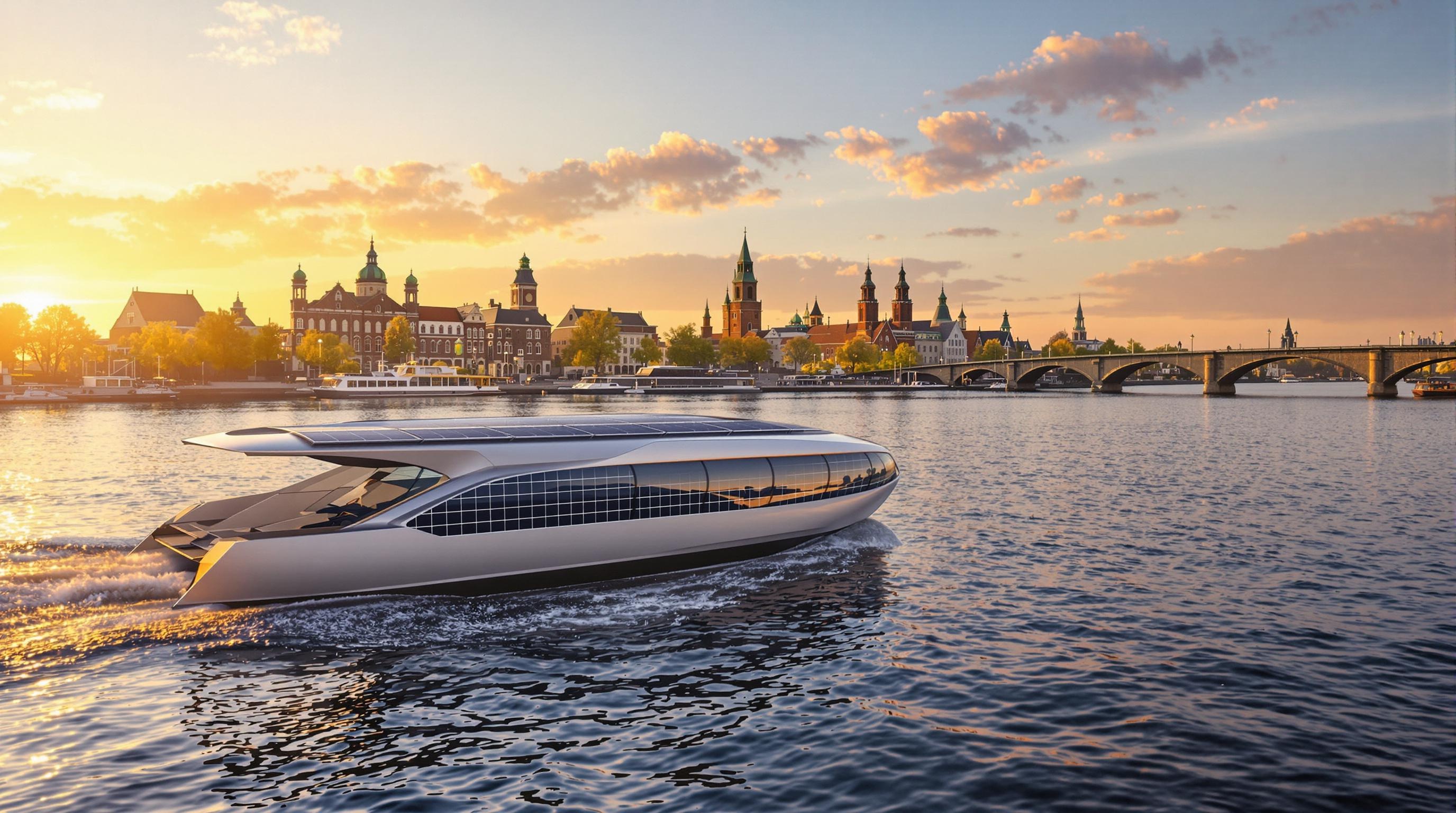 Bateau électrique solaire naviguant sur l'Amstel au crépuscule