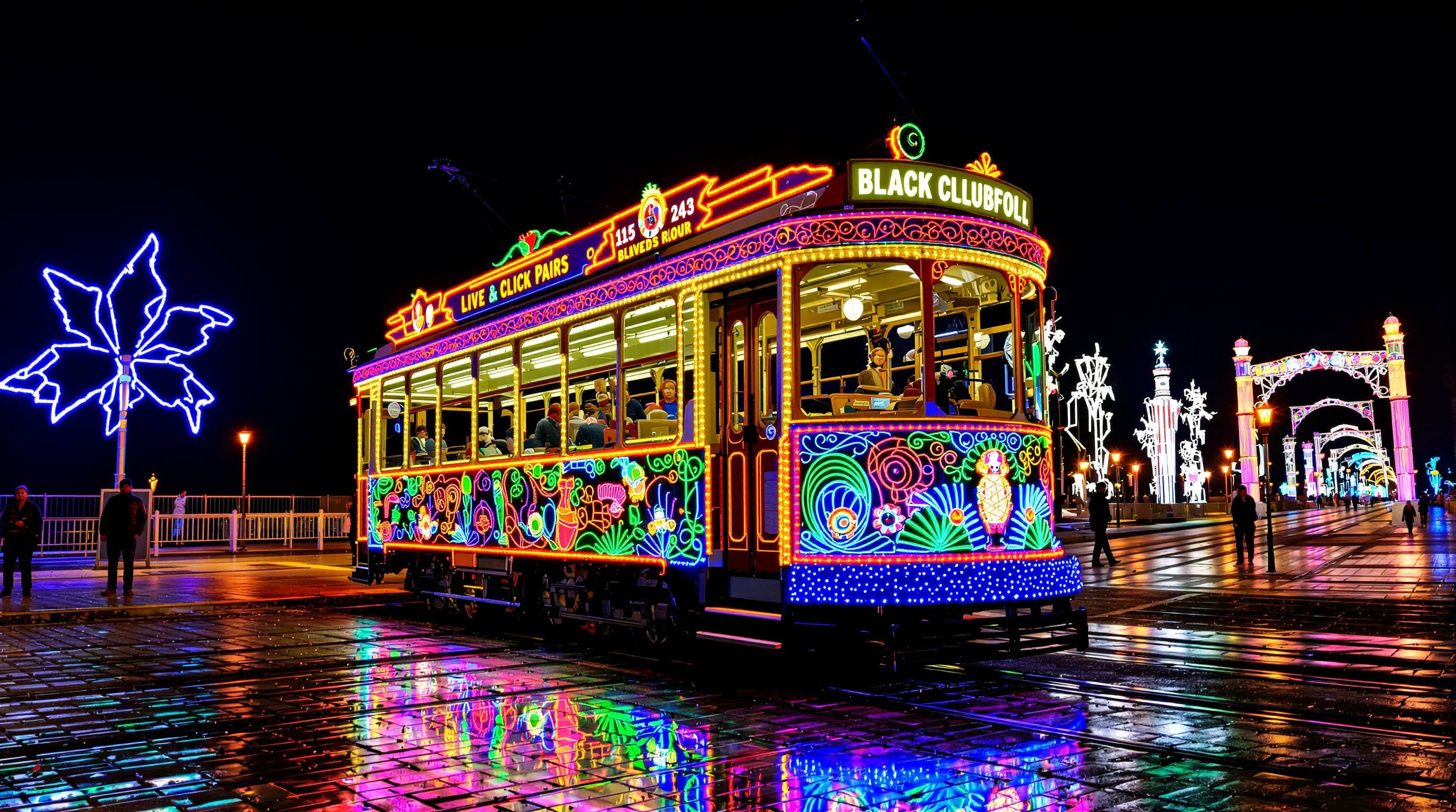 Blackpool Illuminations tramway vintage guirlandes lumineuses automne