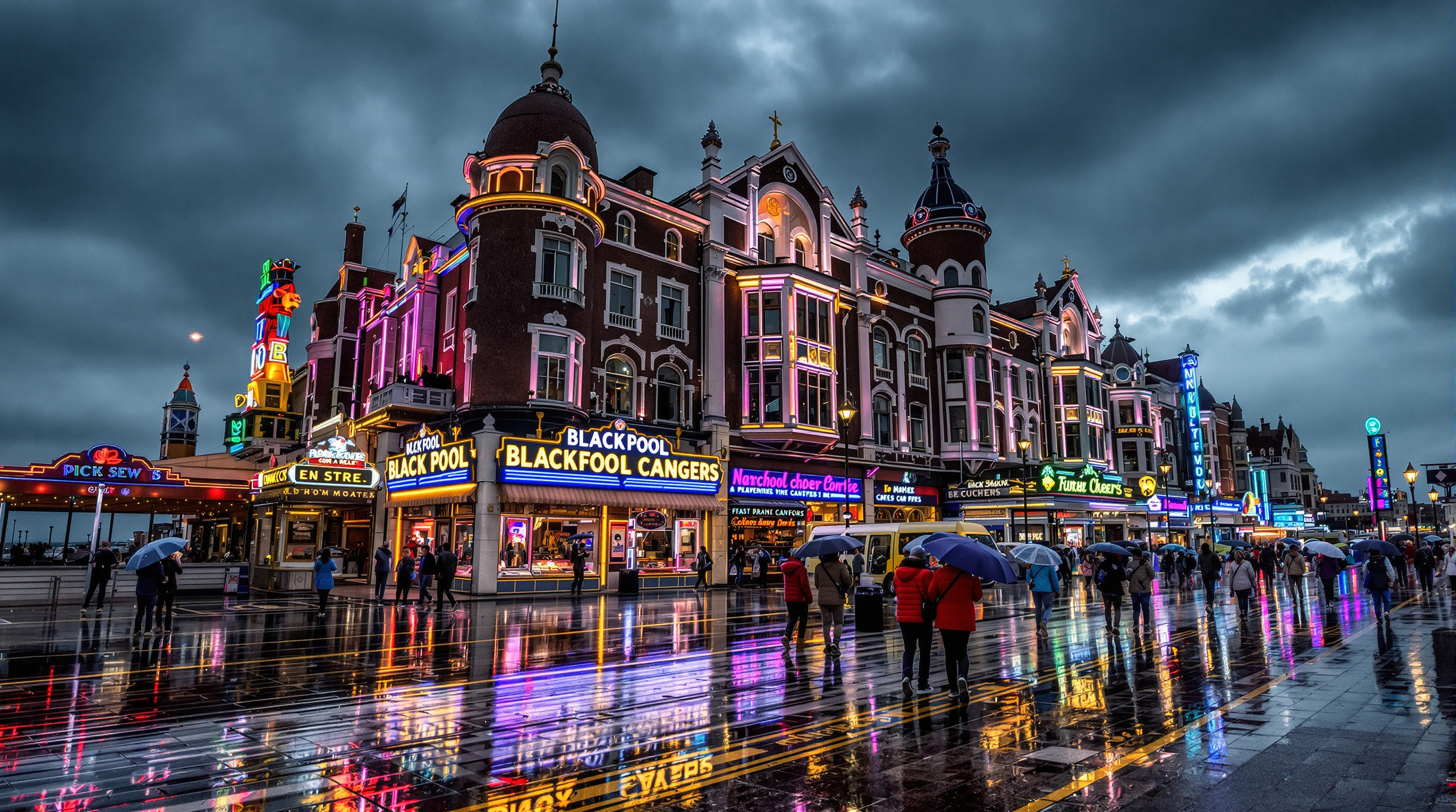 Blackpool promenade pluie vintage amusement arcades victorien
