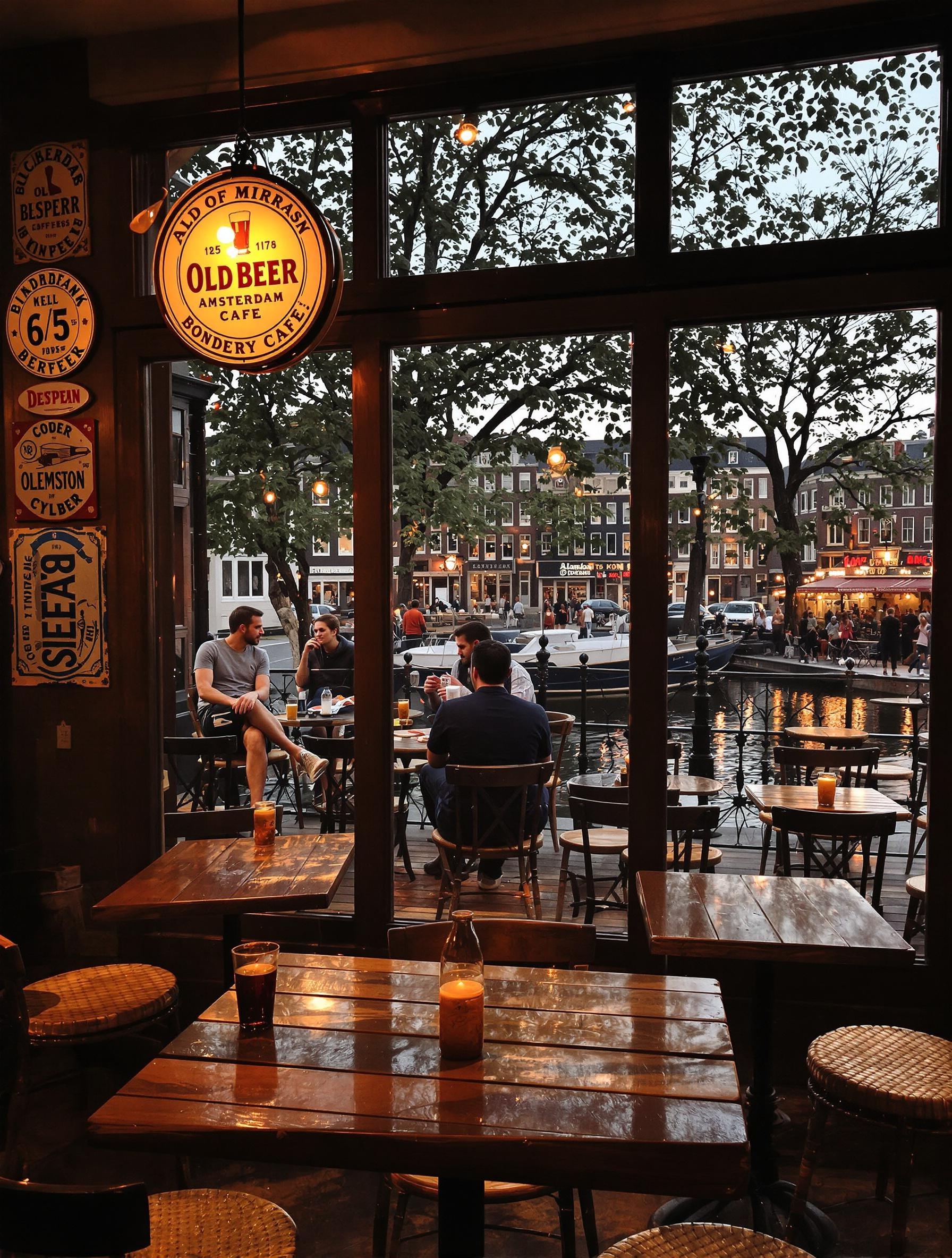 Intérieur d'un brown café à Amsterdam avec terrasse sur le canal