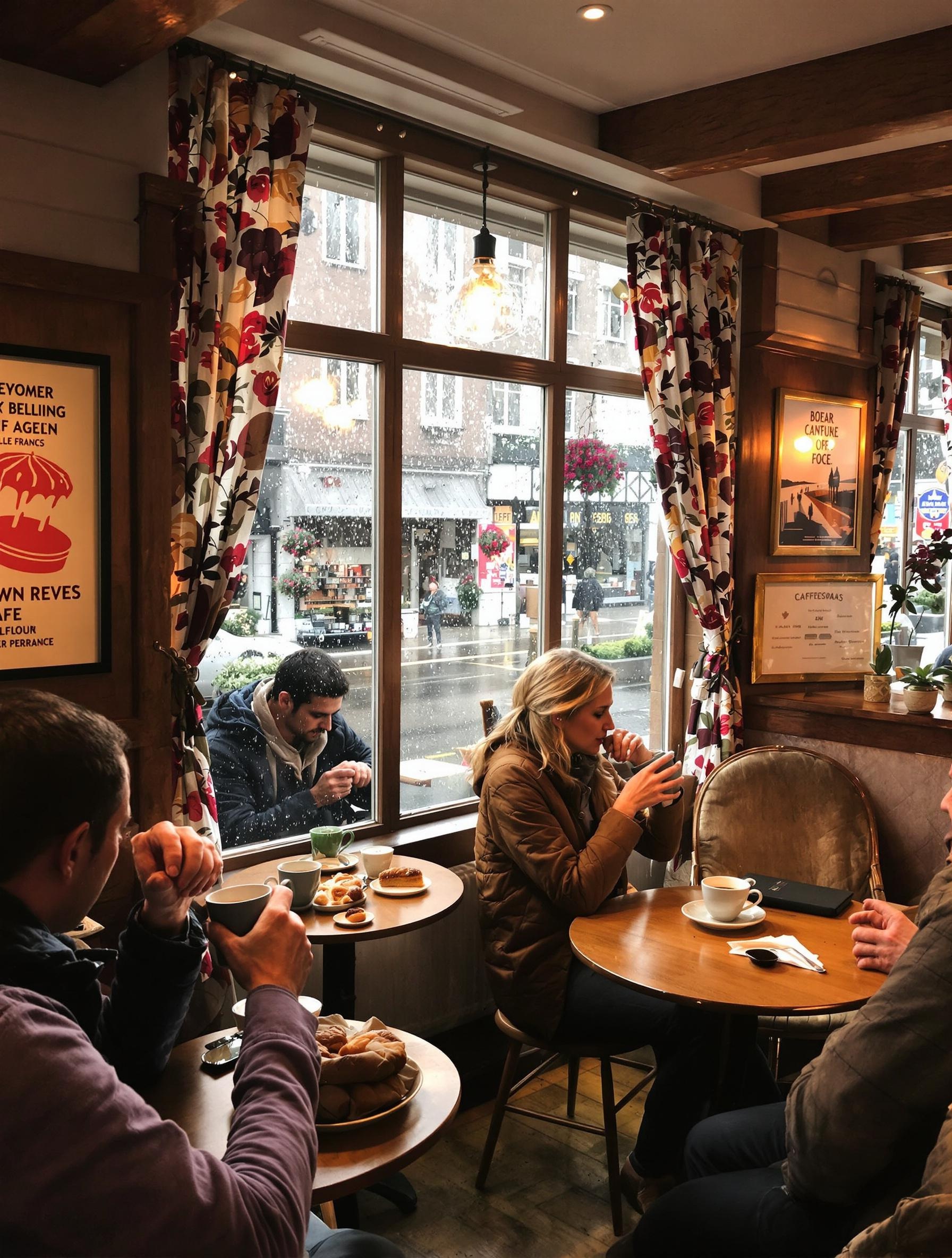 Café chaleureux à Honfleur ambiance cosy lumière douce clients sirotant boissons chaudes décor normand