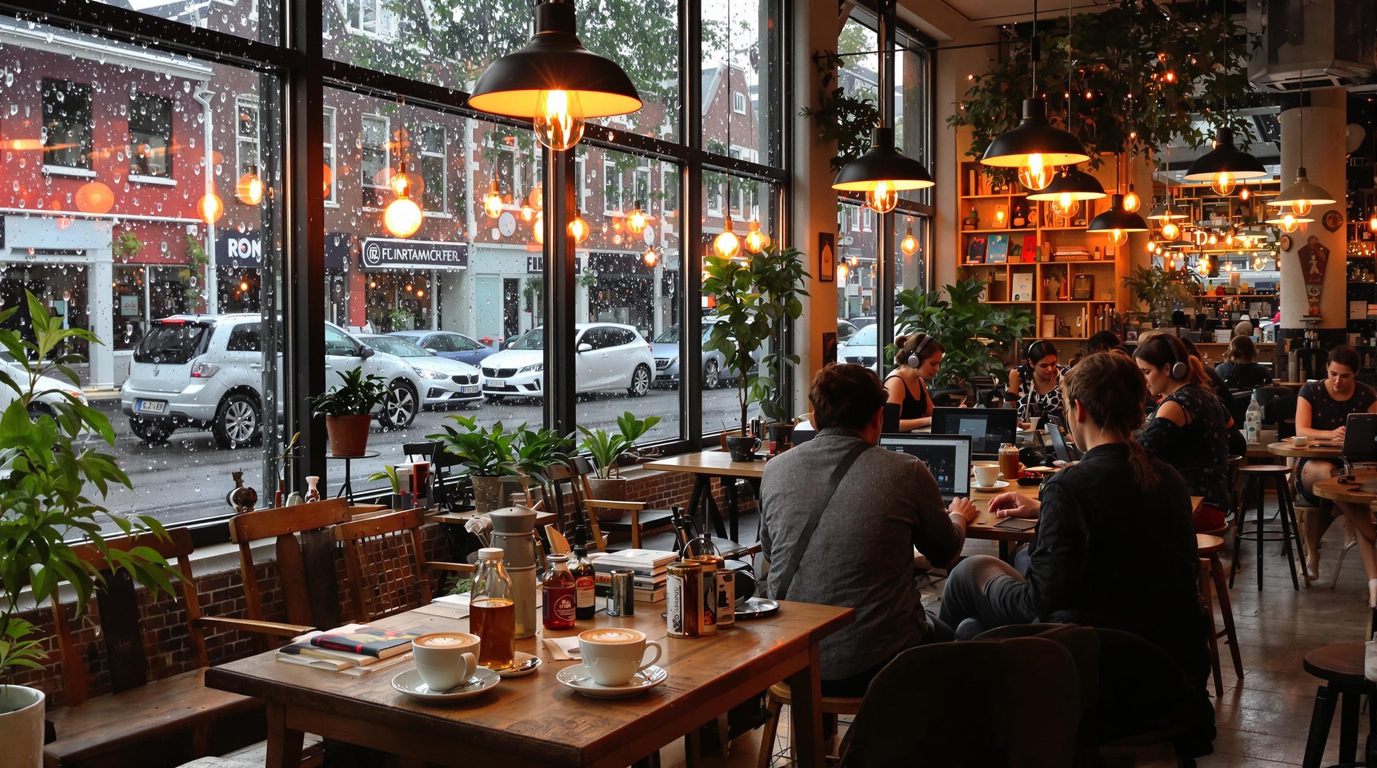 Vue intérieure café laptop-friendly ambiance cosy pluie Rotterdam.