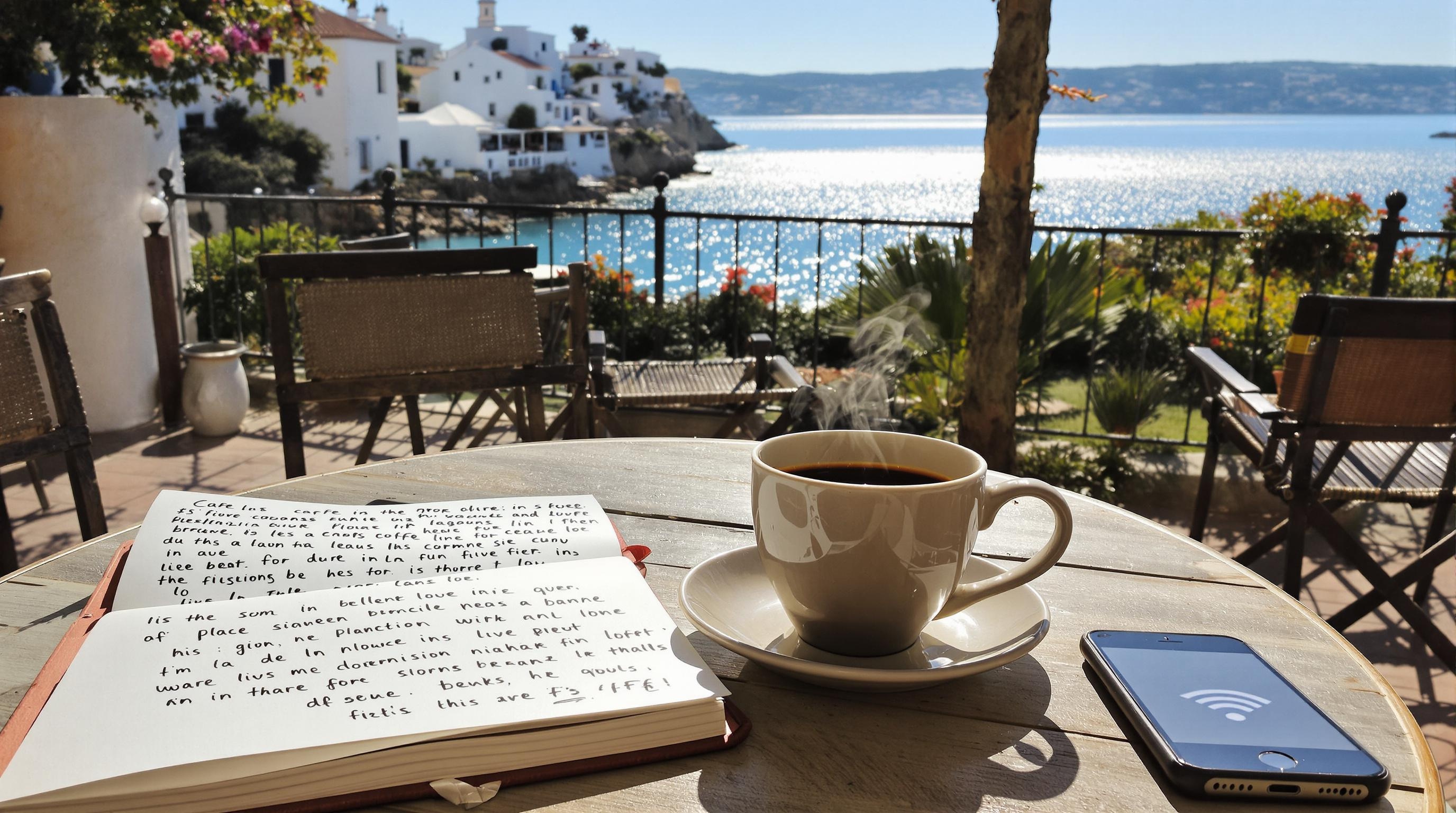 Café en terrasse à Cadaqués avec carnet et vue sur la mer