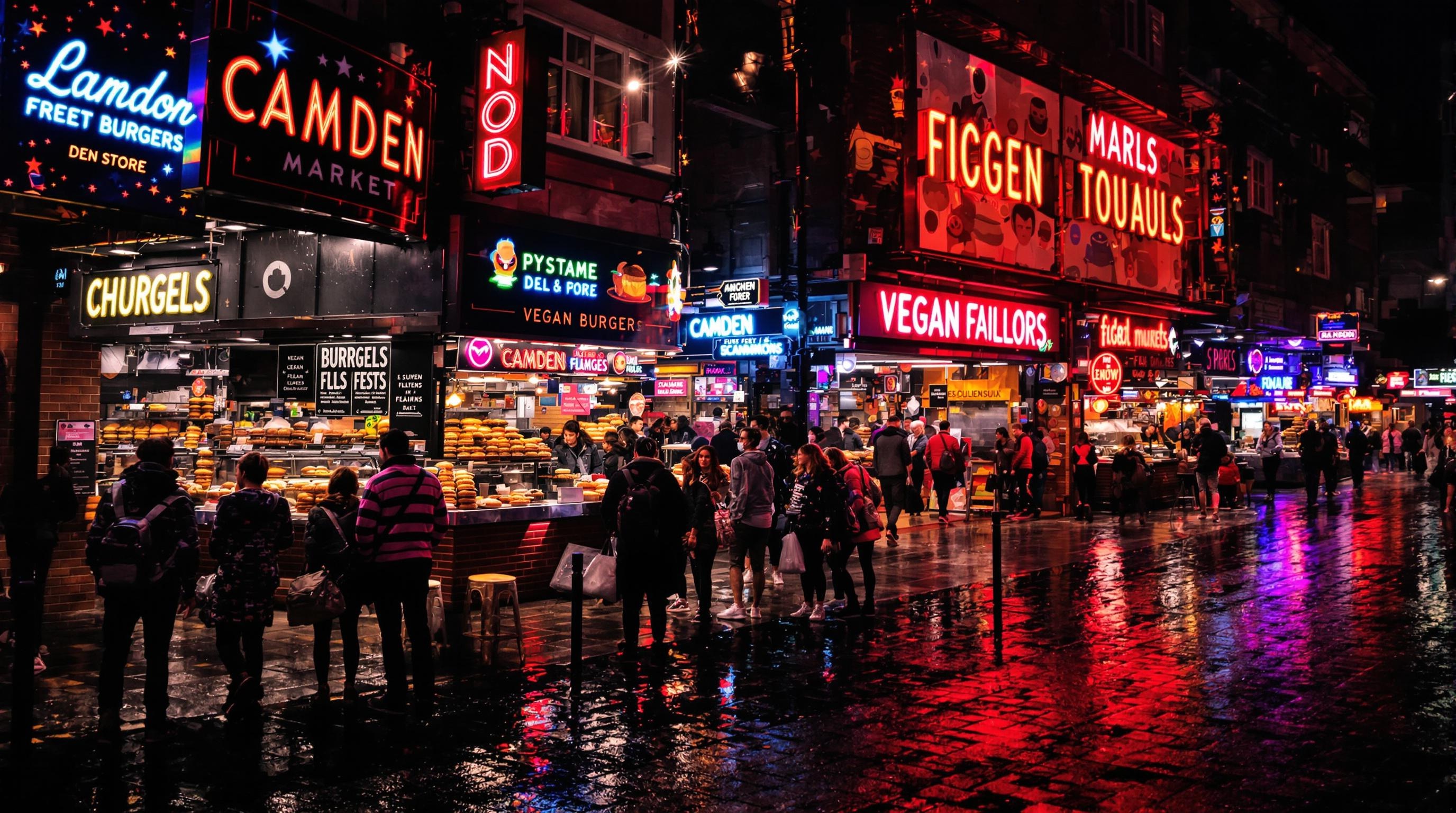 Stands de street-food à Camden Market la nuit, lumières néon, file d'attente de noctambules éclectiques, piles de burgers végans, falafels et donuts en vitrine.