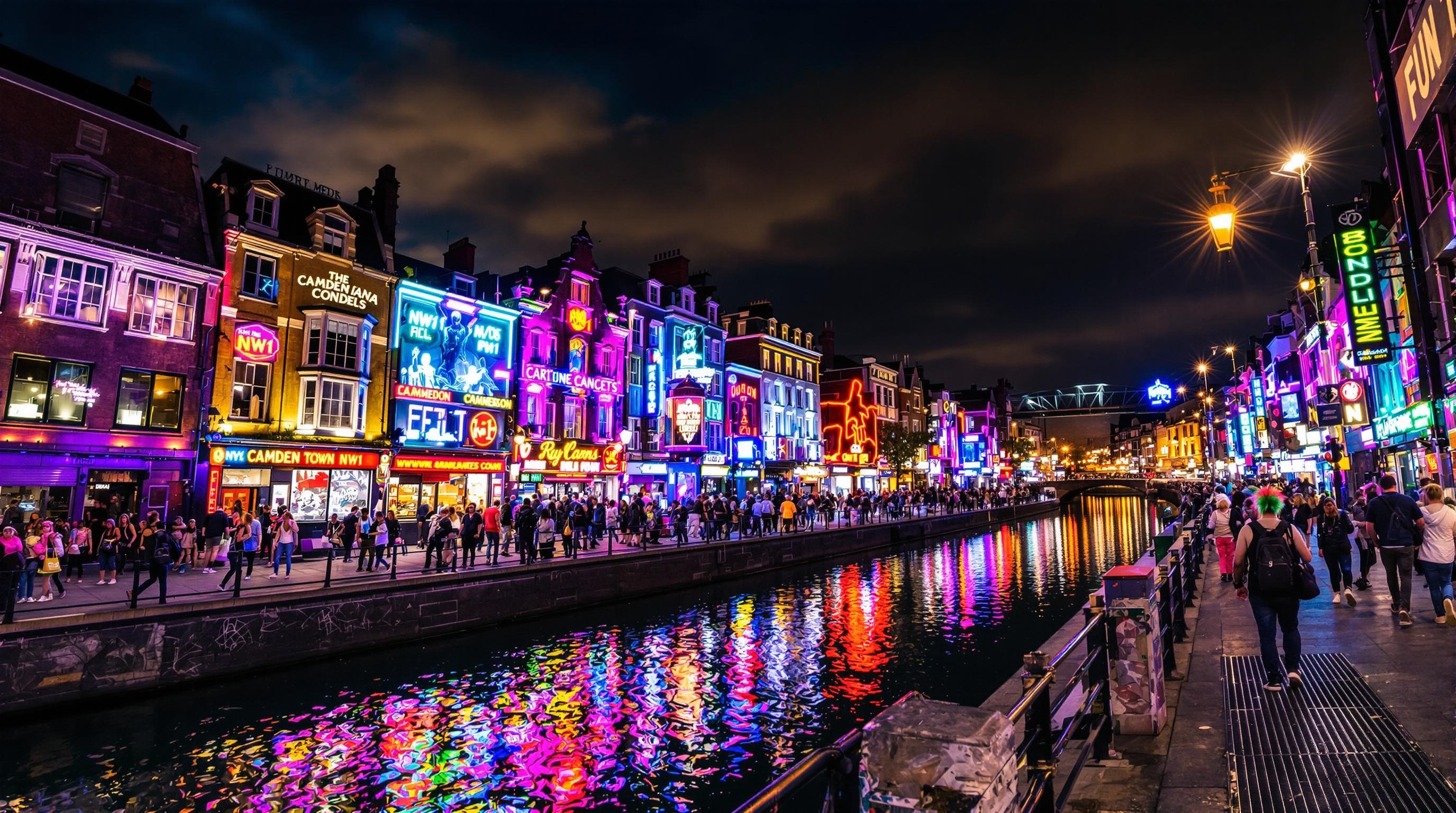 Camden Town la nuit, vue sur Regent Canal, néons et foule animée.