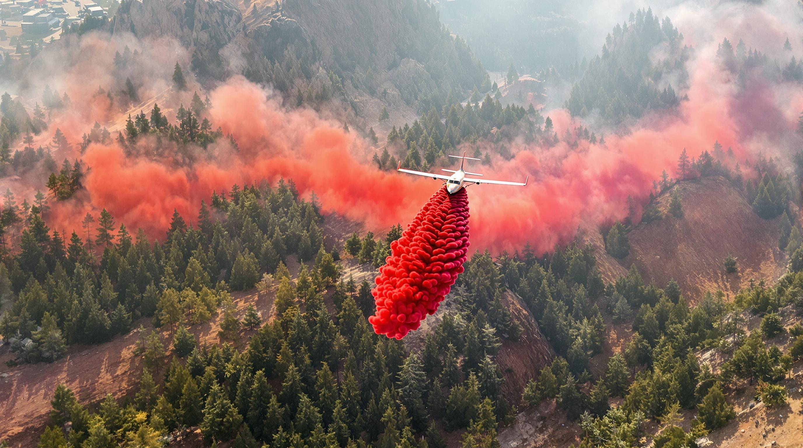 Avion Canadair larguant du retardant rouge sur une pinède près de Troodos, Chypre, été caniculaire.