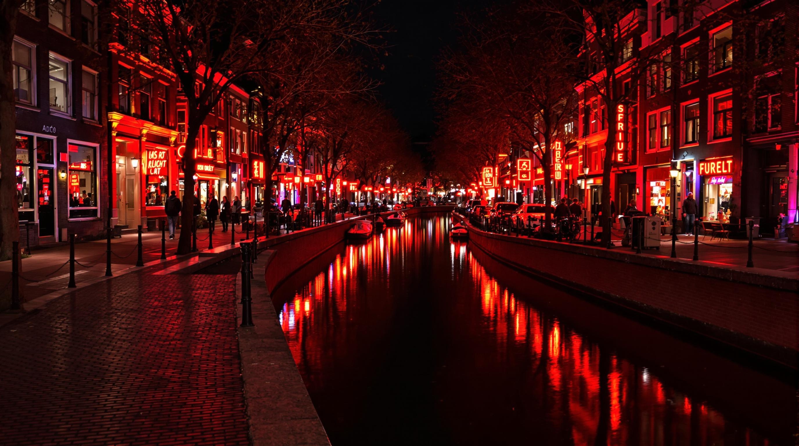 Photo nocturne des canaux du Quartier Rouge avec enseignes lumineuses