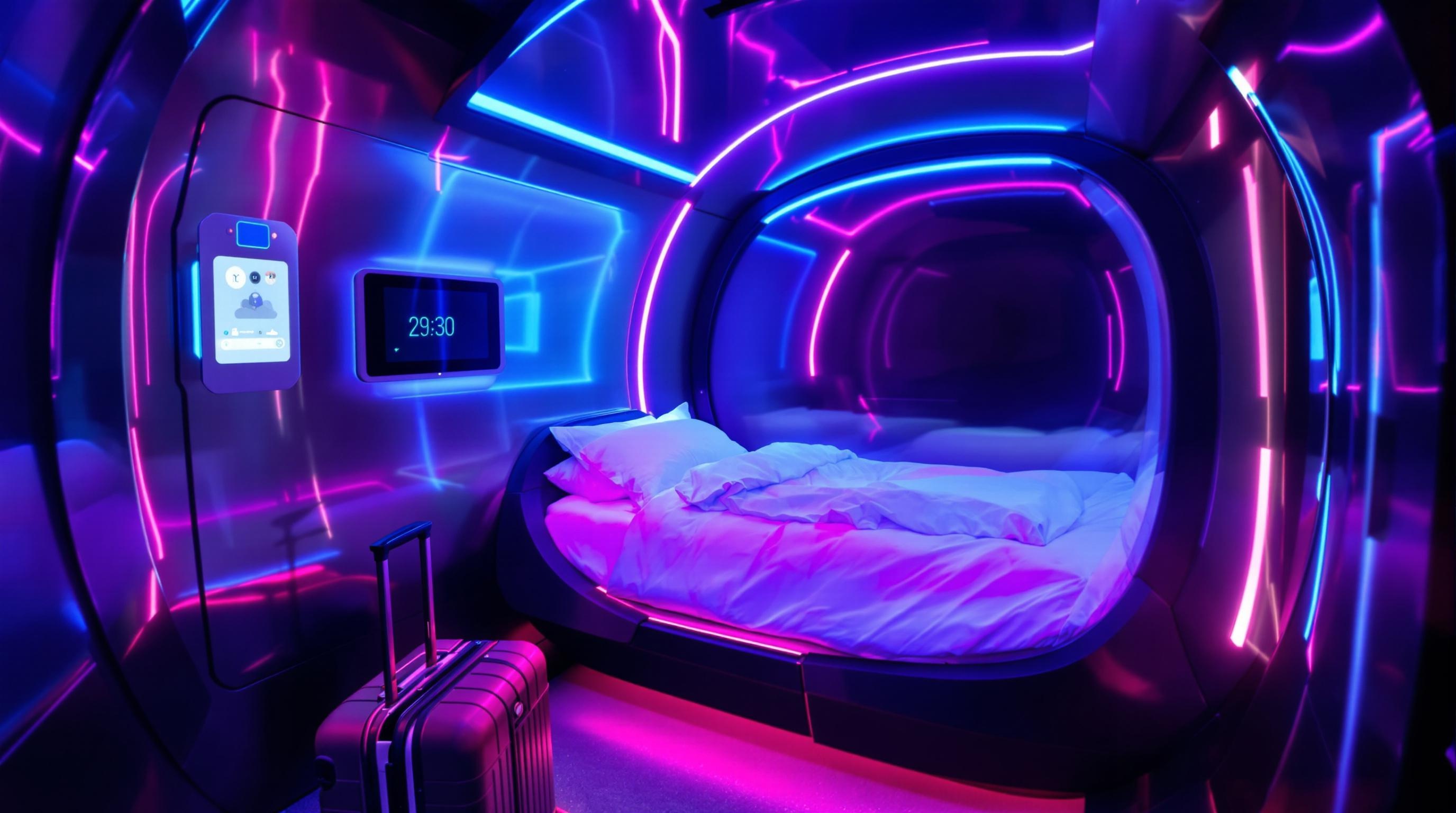 Intérieur capsule hostel neon high-tech Rotterdam.