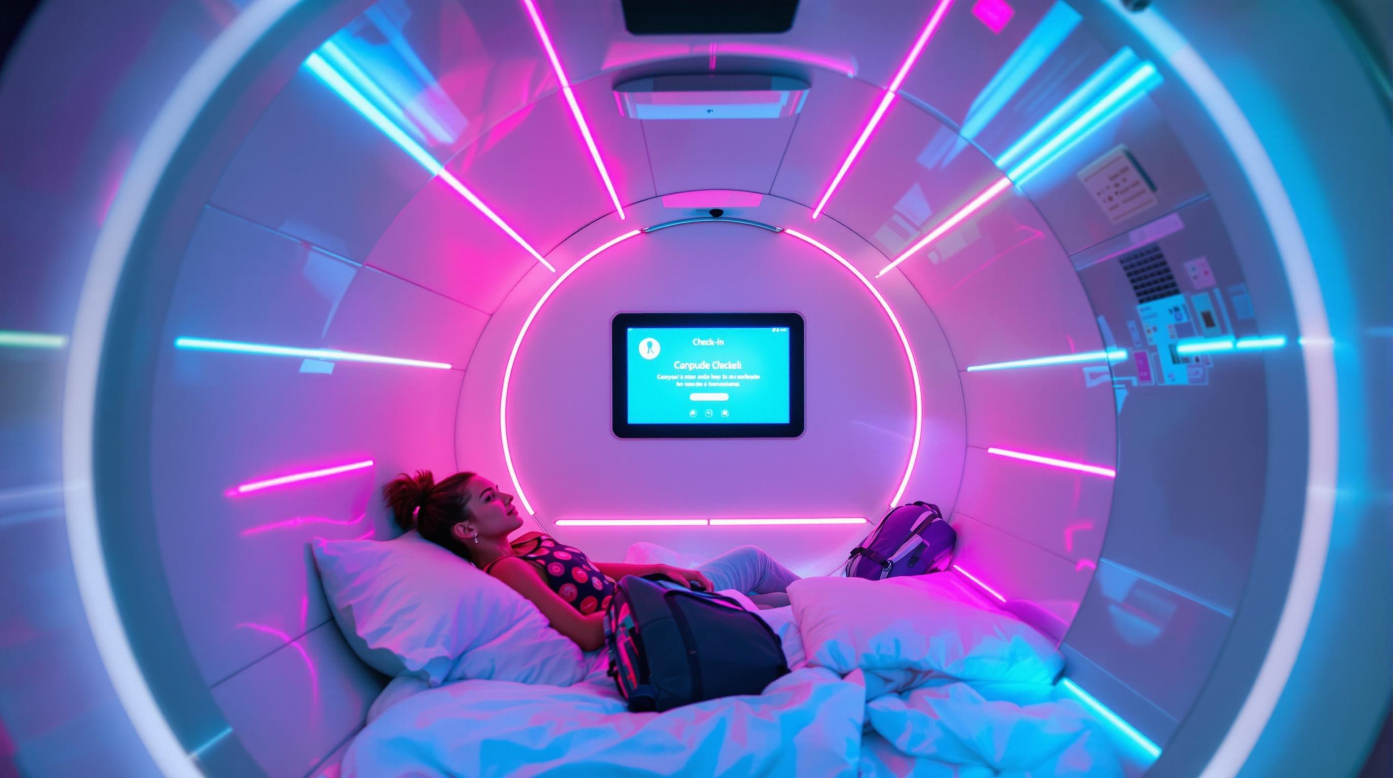 Intérieur futuriste d'un hôtel capsule à Amsterdam avec check-in digital