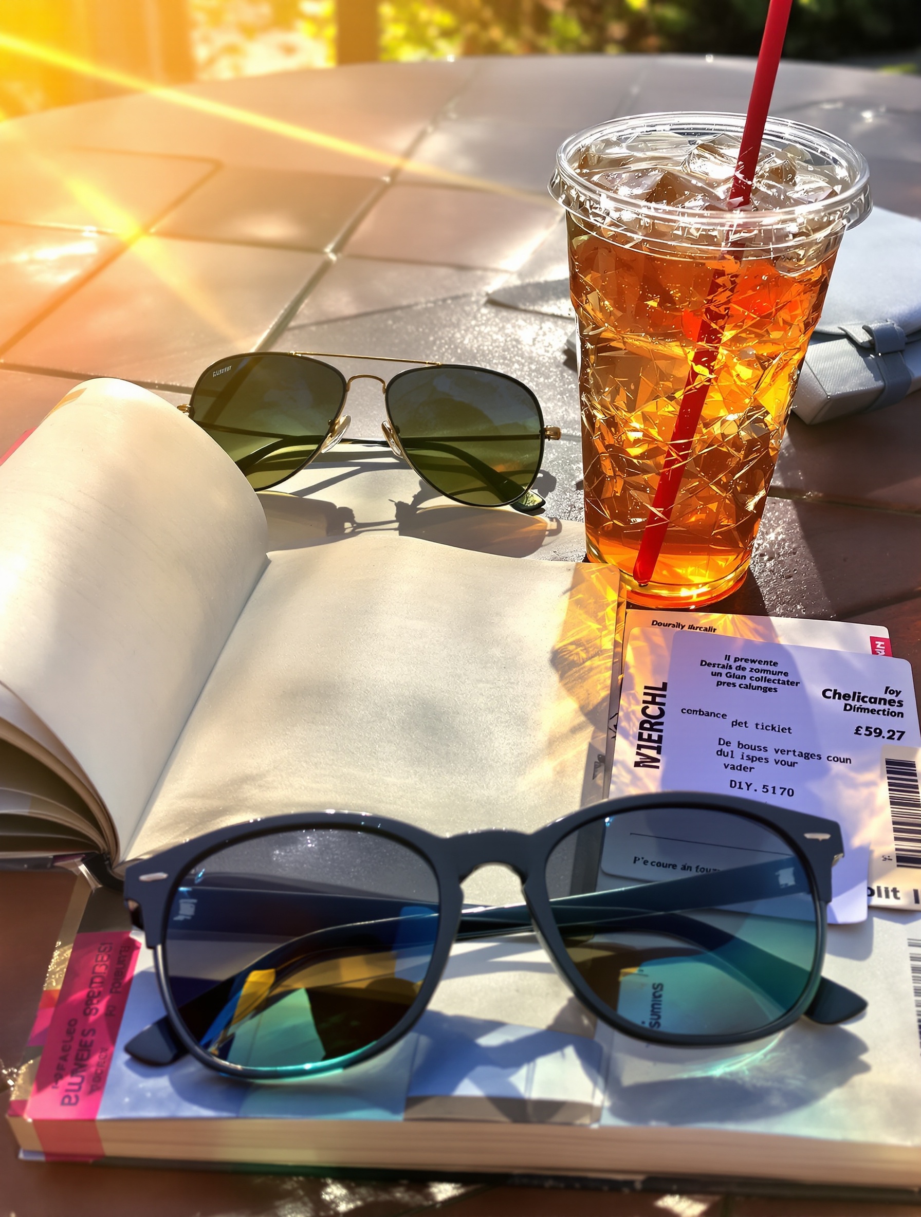 Carnet de voyage, billet d'avion et lunettes de soleil sur terrasse ensoleillée, ambiance prolongation été