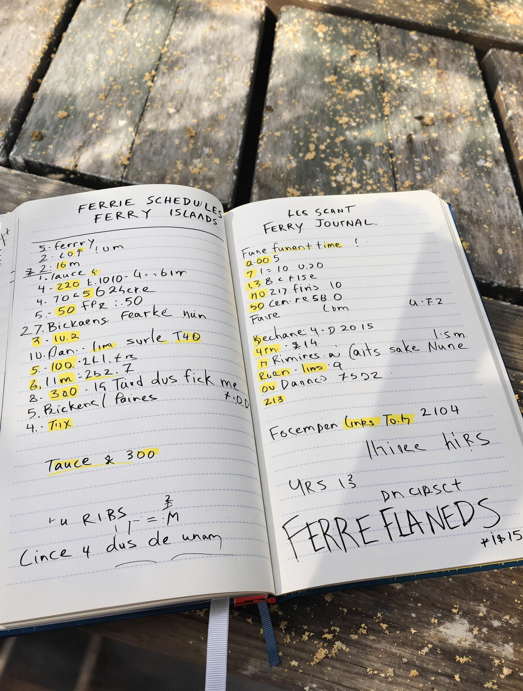 Un planning ferry griffonné dans un carnet pour les îles grecques