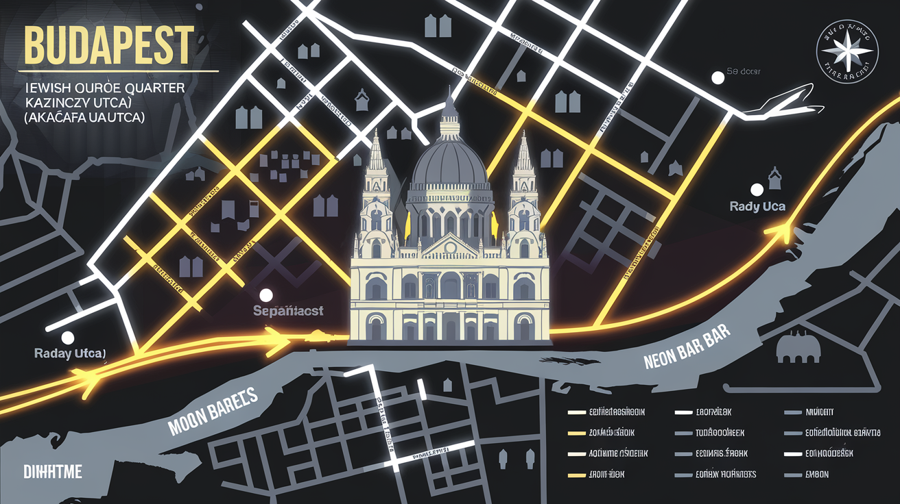 Carte stylisée de Budapest avec axes Basilique Saint-Étienne, Jewish Quarter, Akácfa utca, Ràday utca et Danube, ambiance nocturne