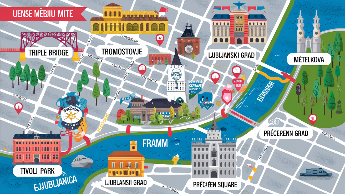 Carte illustrée des points incontournables de Ljubljana