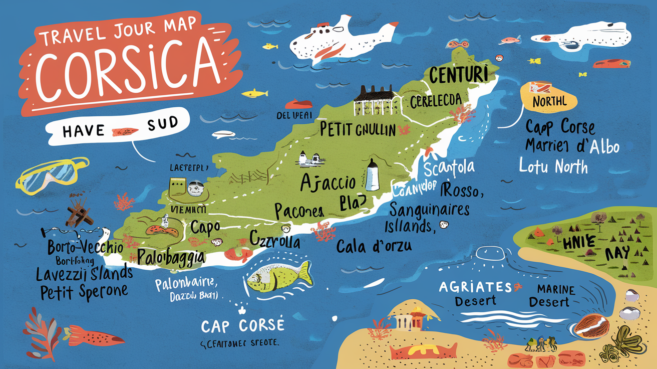 Carte dessinée de Corse, principaux spots de snorkeling sud, ouest et nord