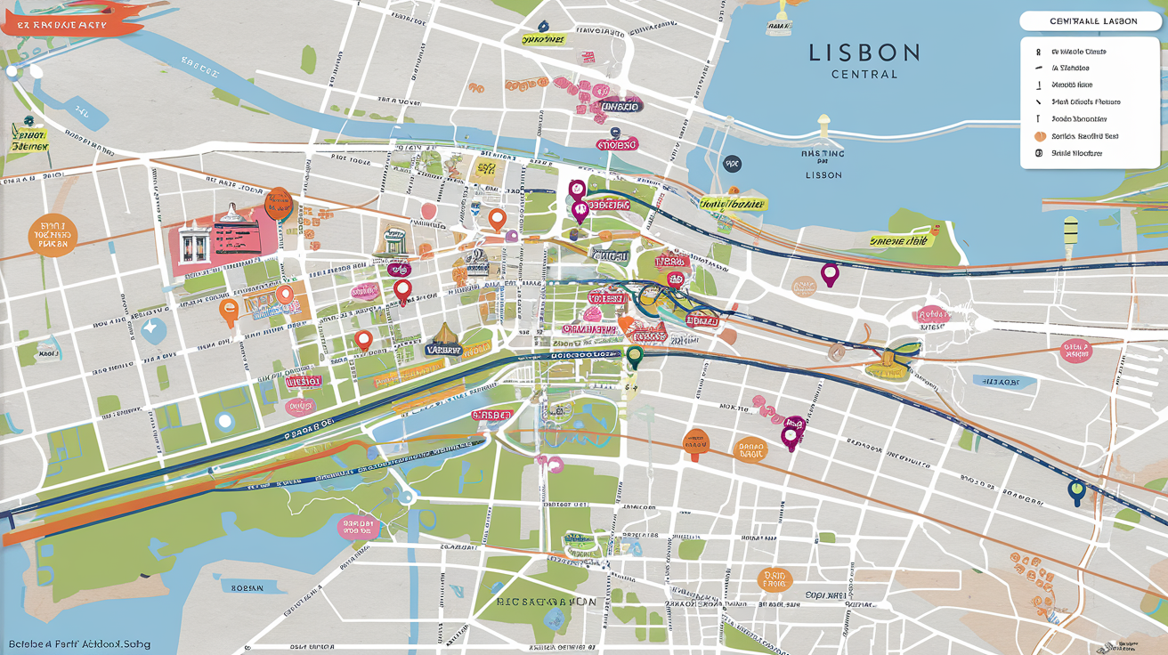 Carte interactive montrant le cœur de Lisbonne; tags pour monuments et axes routiers 🛣️