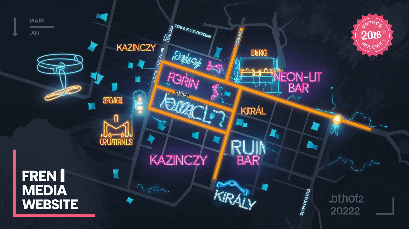 Carte stylisée des rues Kazinczy et Király avec repères ruin bars en néon