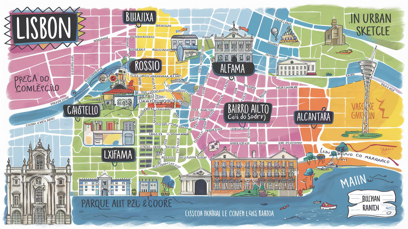 Carte des quartiers de Lisbonne et des hostels.