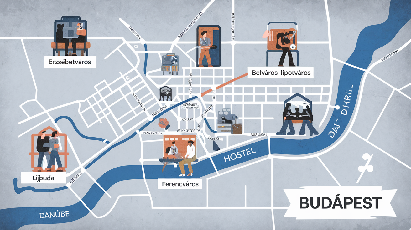 Carte simplifiée des quartiers avec hostels à Budapest le long du Danube en 2025