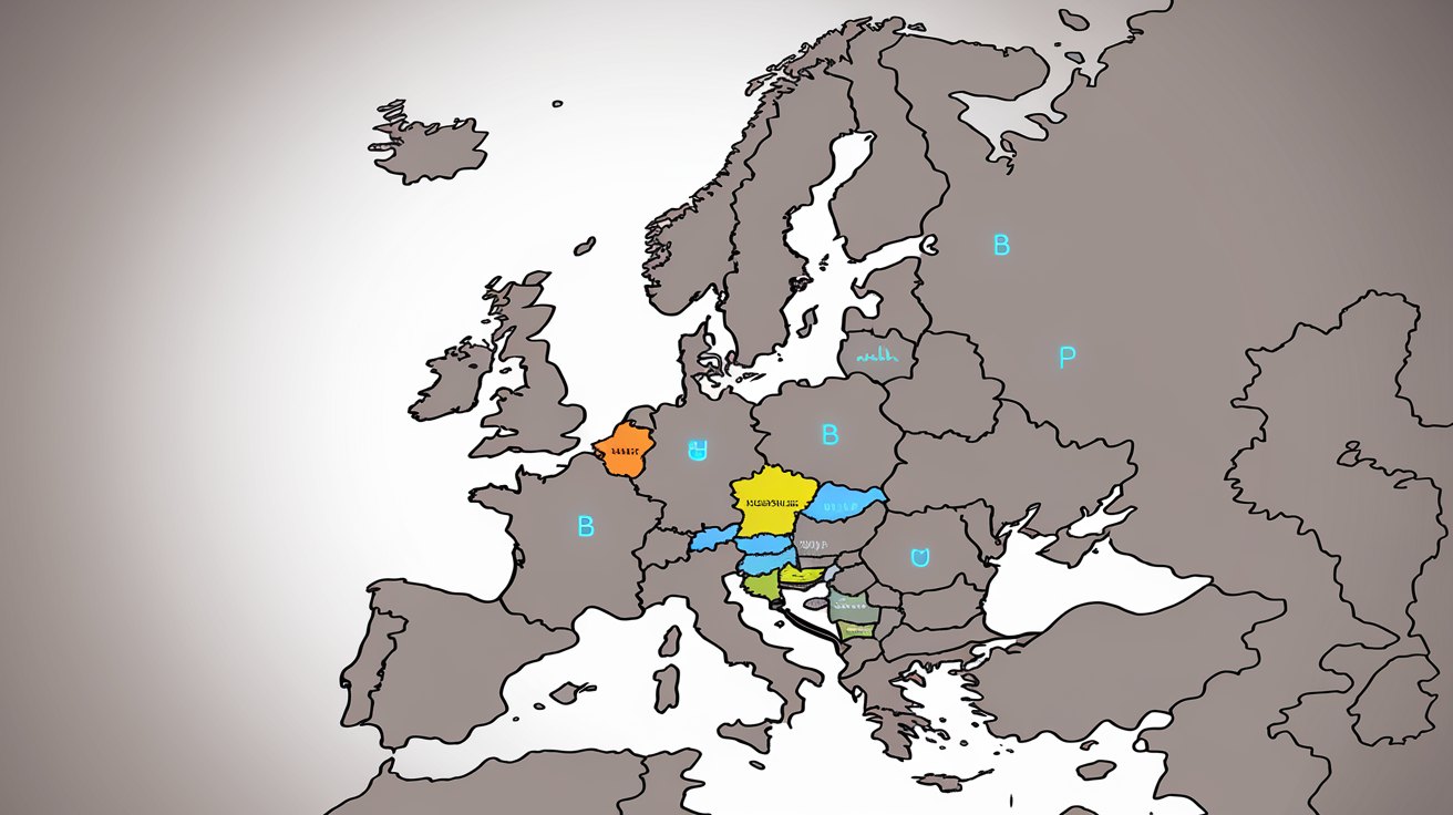Carte minimaliste d’Europe soulignant en bleu les quatre pays débutant par B.