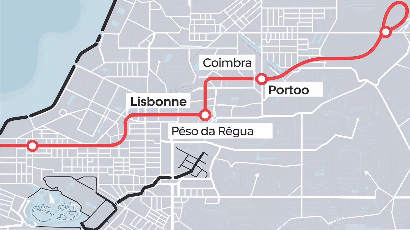 Trajet Lisbonne-Porto souligné en rouge, points d’arrêt clés
