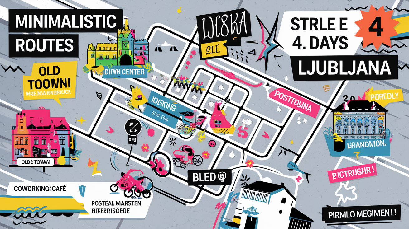Carte minimaliste street-art des itinéraires piétons à Ljubljana sur 4 jours