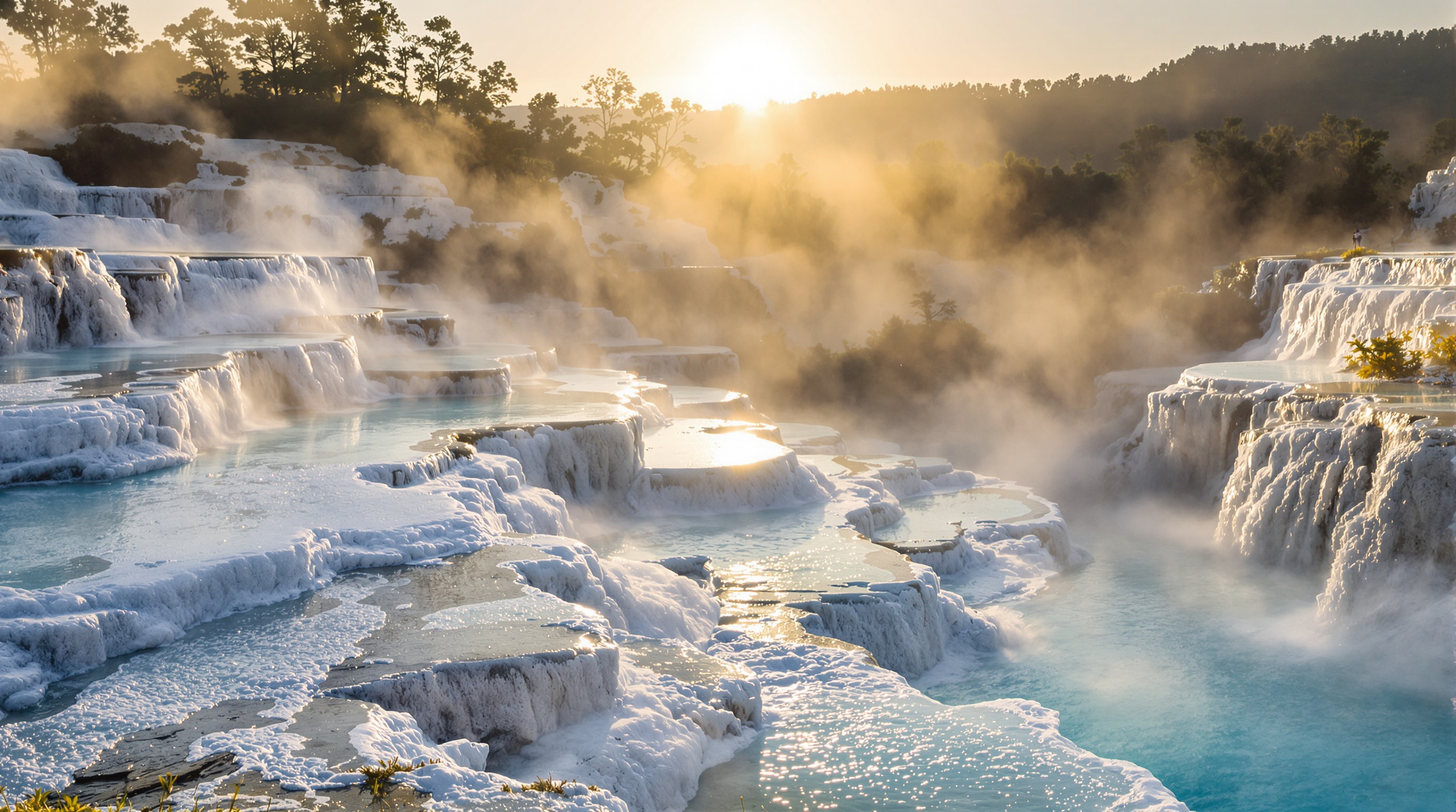 Lever du soleil brumeux sur les bassins blancs en travertin aux Cascate del Mulino