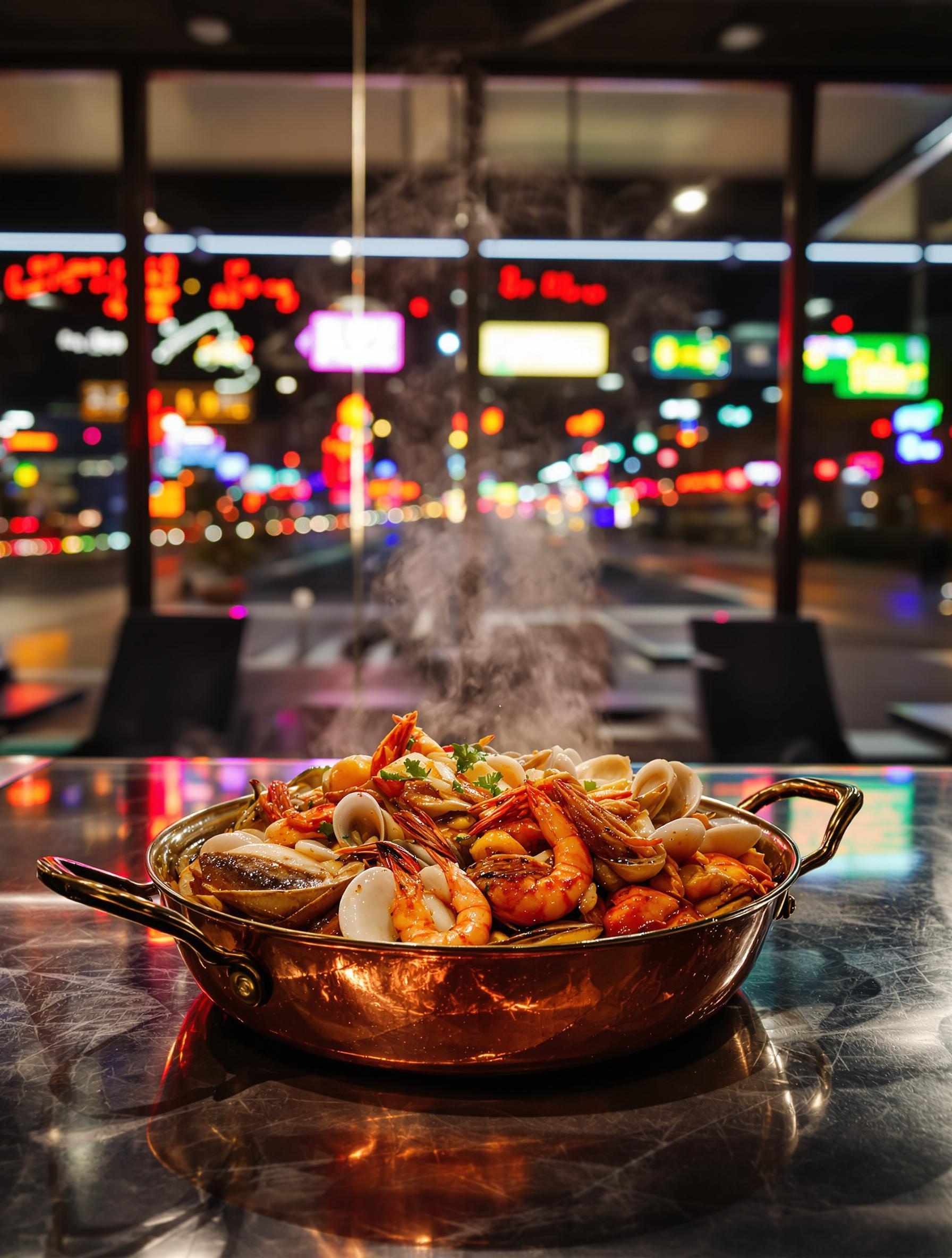 Cataplana fruits de mer généreuse, néons d’autoroute en arrière-plan