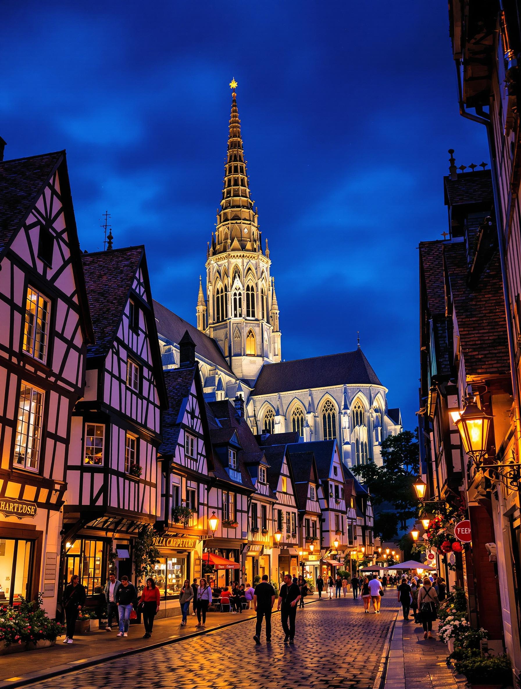 Vue du centre-ville médiéval de Chartres avec ses ruelles pavées et la cathédrale en arrière-plan