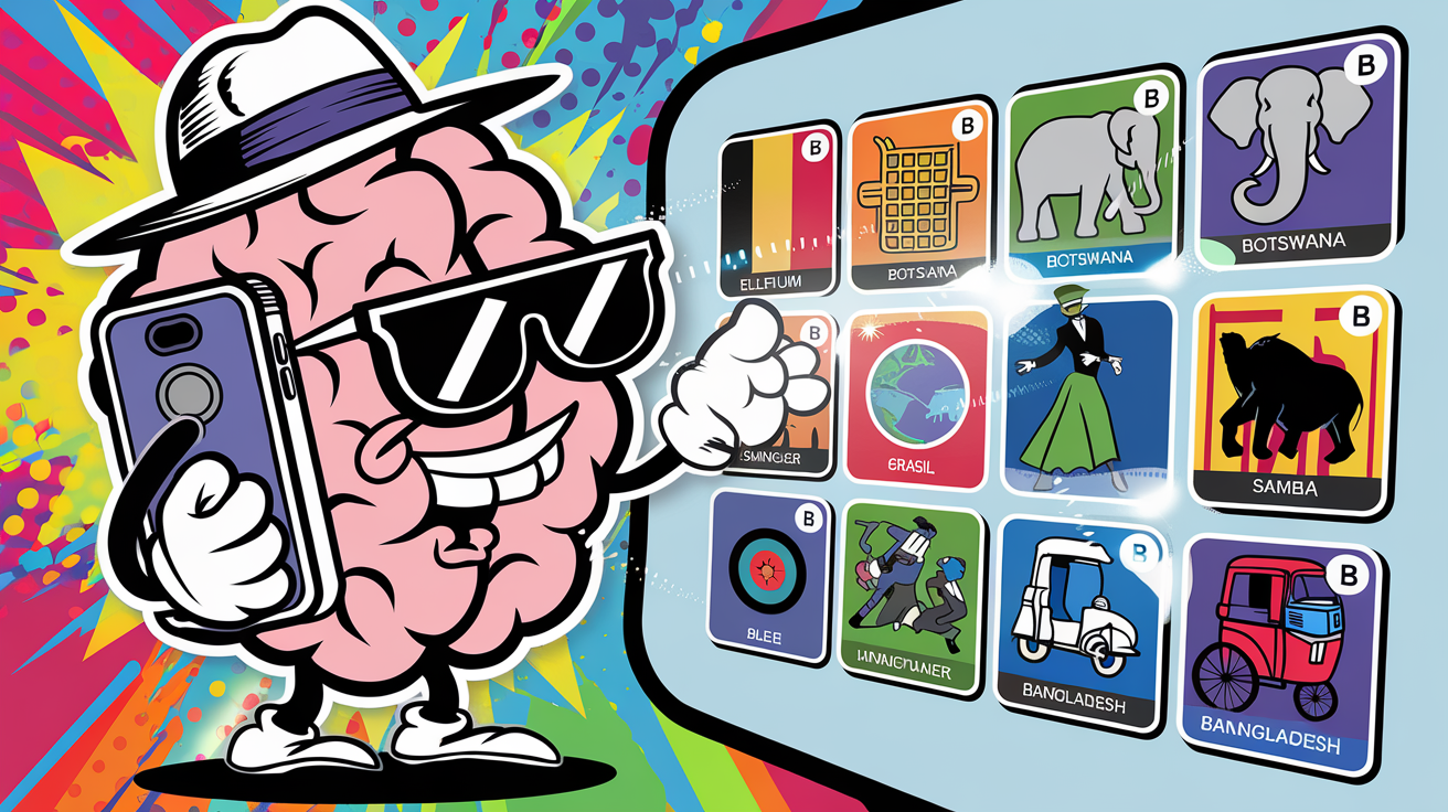 Cerveau cartoon swipant sur pictos marrants des pays en B.