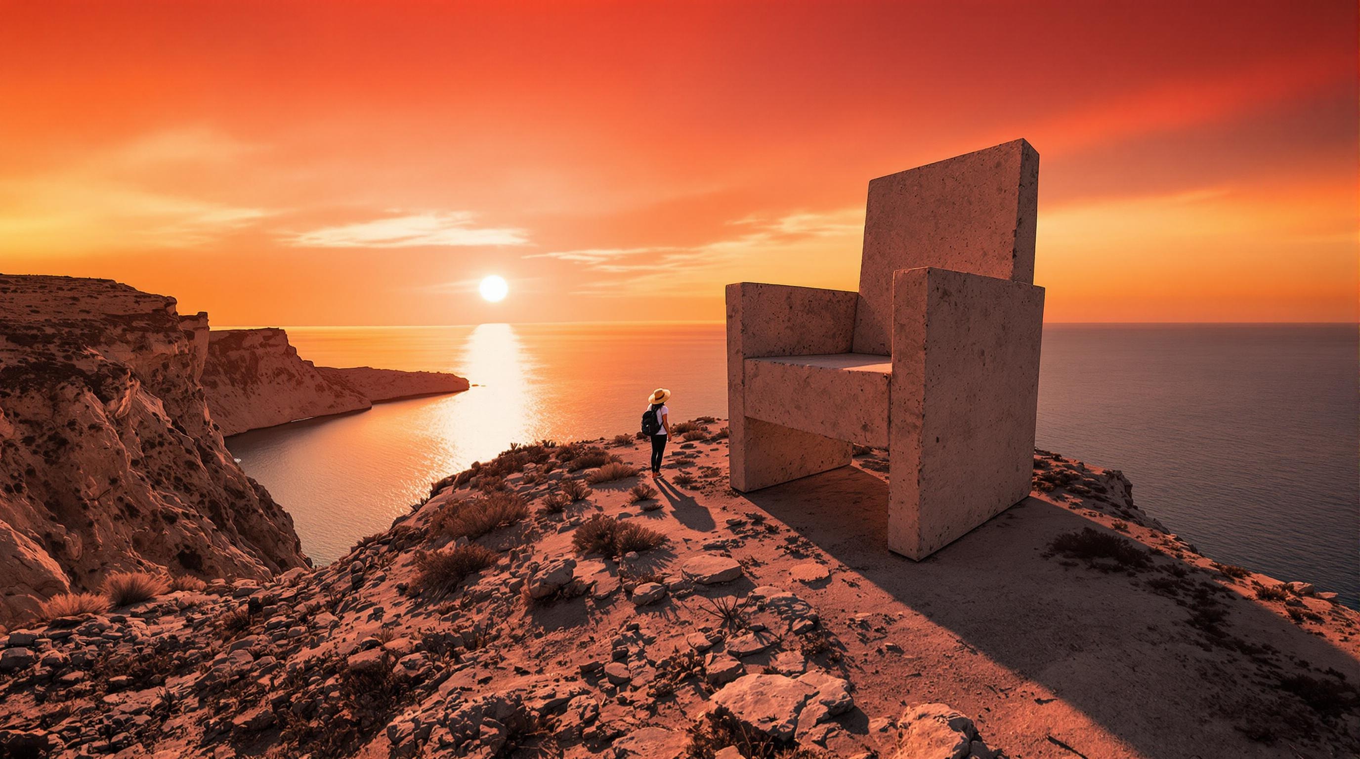 Une chaise géante en béton à Tripiti, Gavdos au coucher de soleil rougeoyant